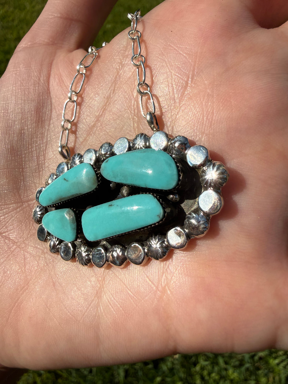 Navajo Turquoise 4 Stone Oval Cluster Sterling Silver Necklace