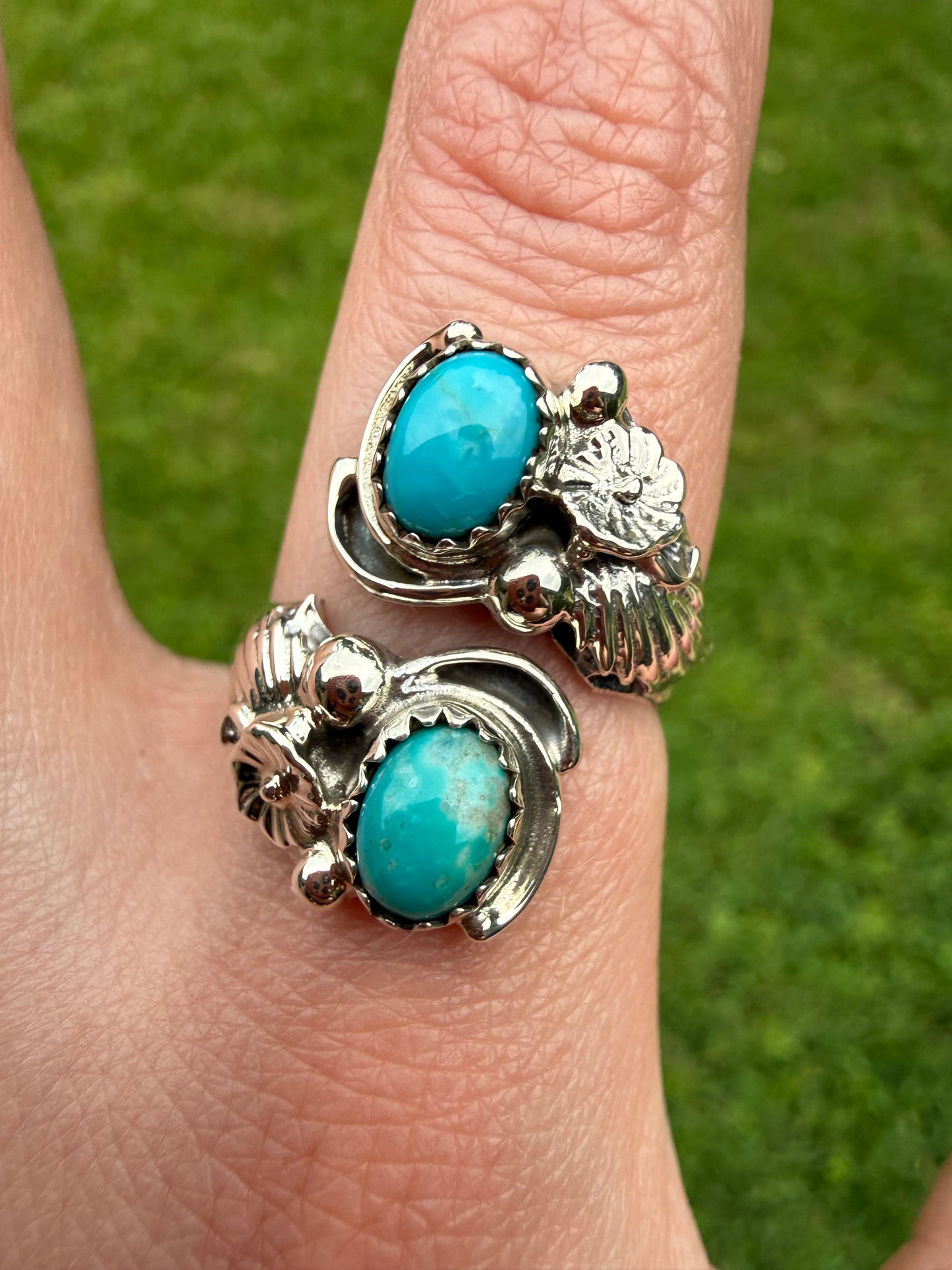 Navajo Double Stone with Flower Accent Floater Bypass Sterling Silver Ring