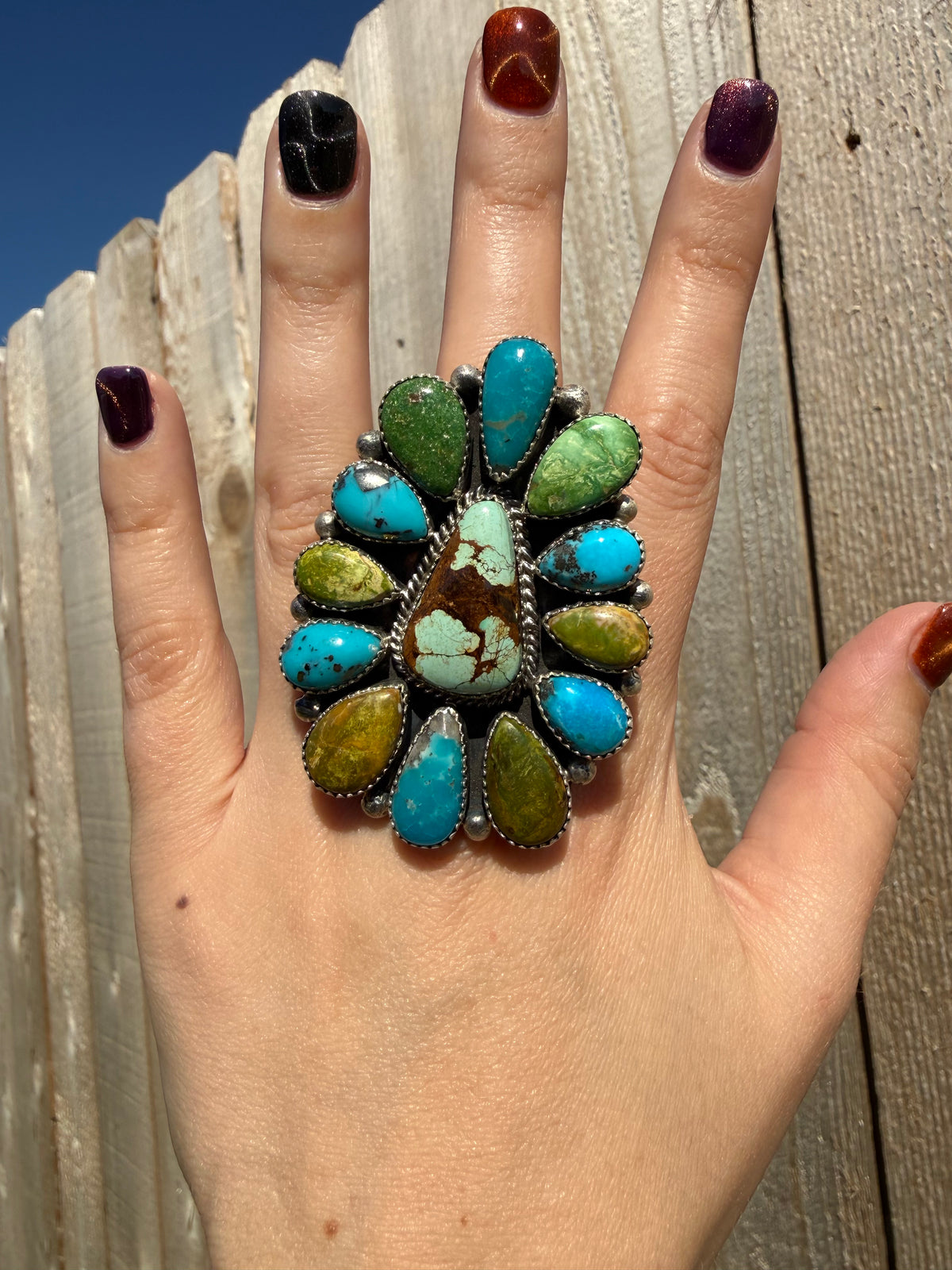 Navajo Big Multi Turquoise Full Flower Cluster Sterling Silver Adjustable Ring