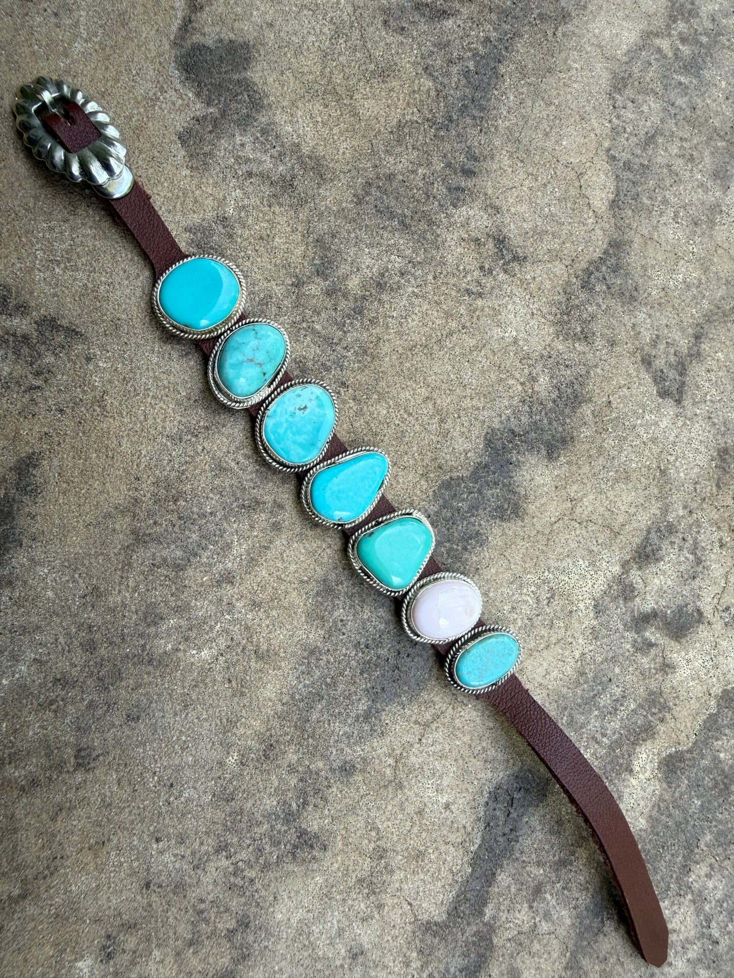 Navajo Turquoise and Pink Conch 7 Stone Sterling Silver And Leather Bracelet