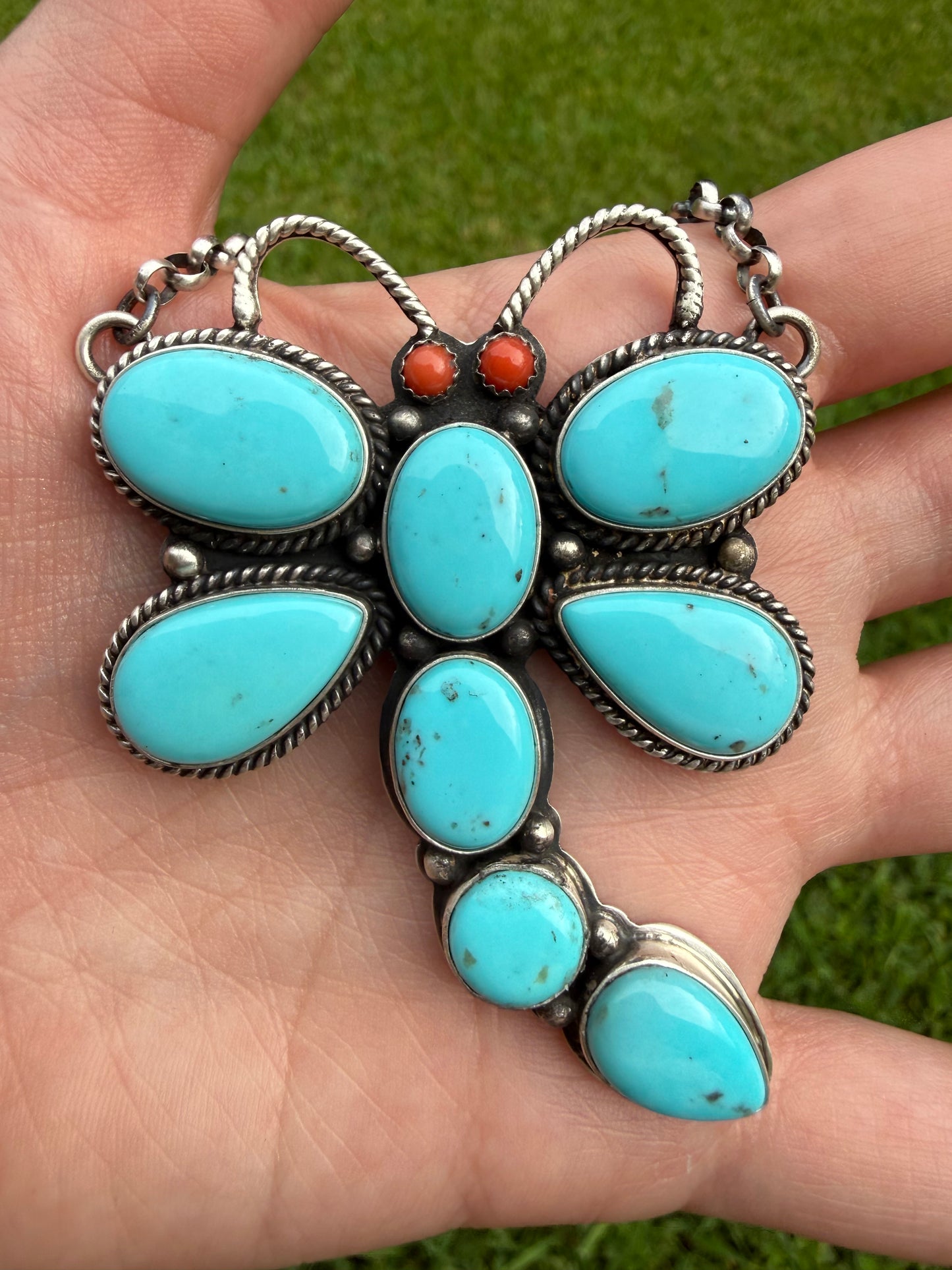 Turquoise and Coral Dragonfly Sterling Silver Statement Necklace