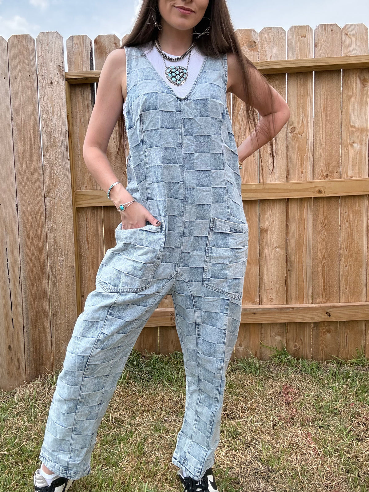 Thee Blue Brick Jumpsuit Denim Checkered Block Overall Jumpsuit