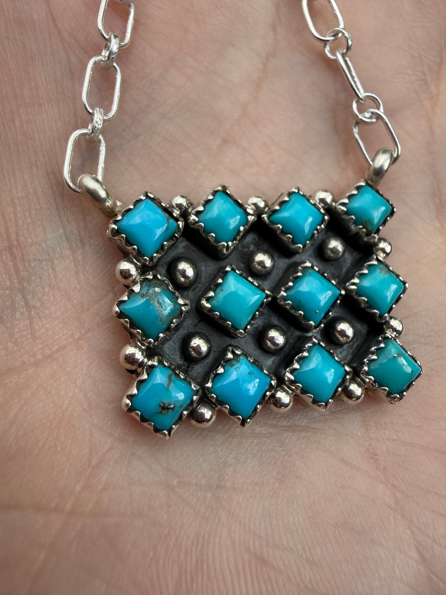 Navajo Turquoise Cluster Bar Sterling Silver Necklace by