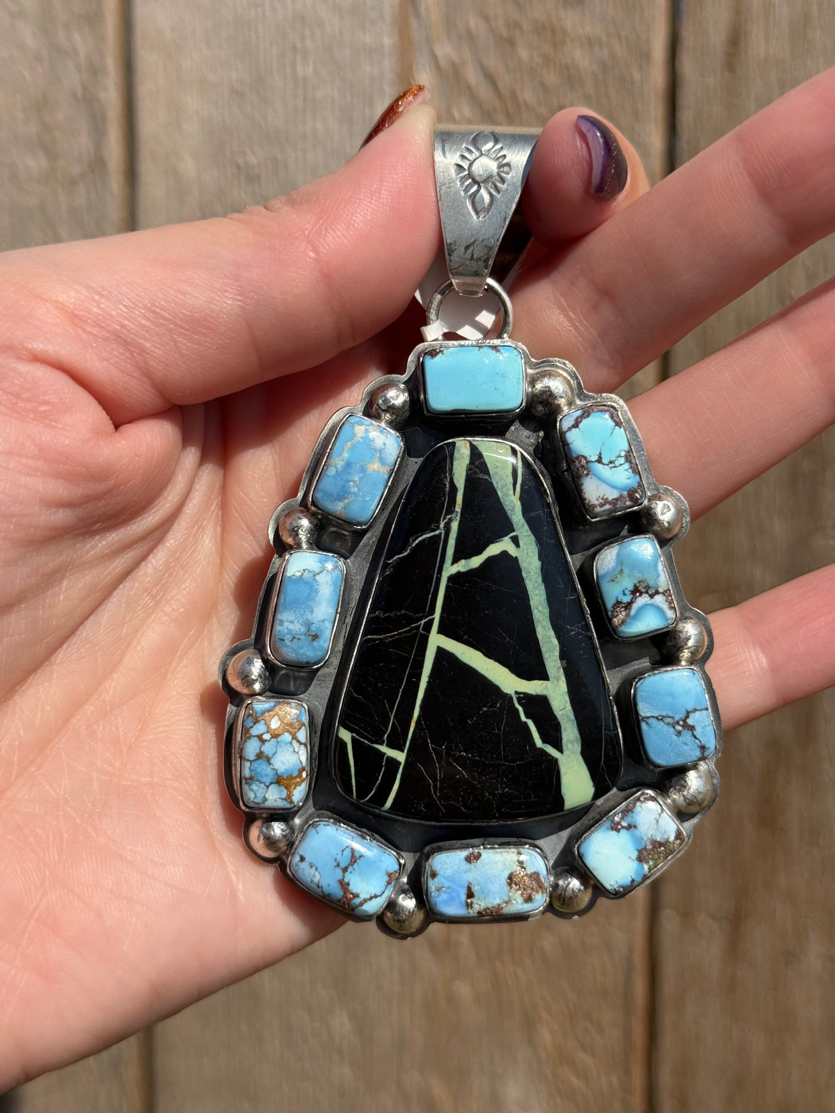 Navajo Blackjack and Golden Hills Big Cluster Sterling Silver Pendant