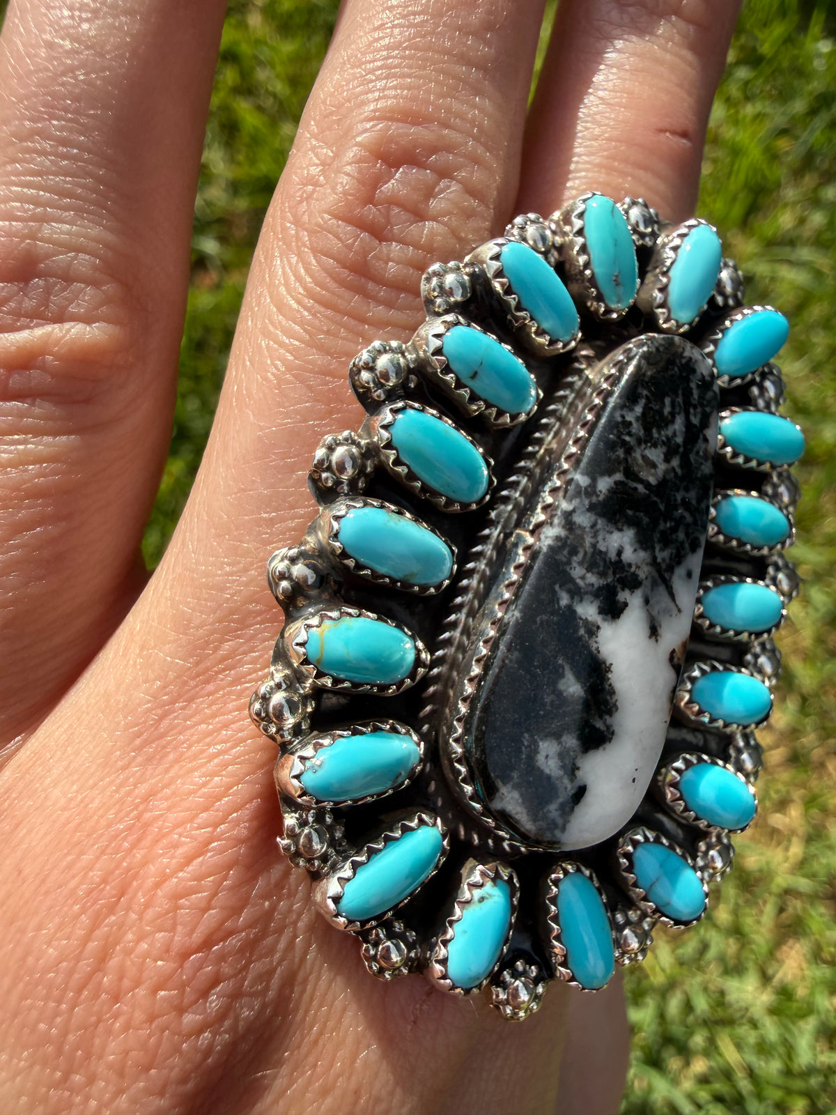 Navajo White Buffalo and Turquoise Big Statement Adjustable Sterling Silver Ring