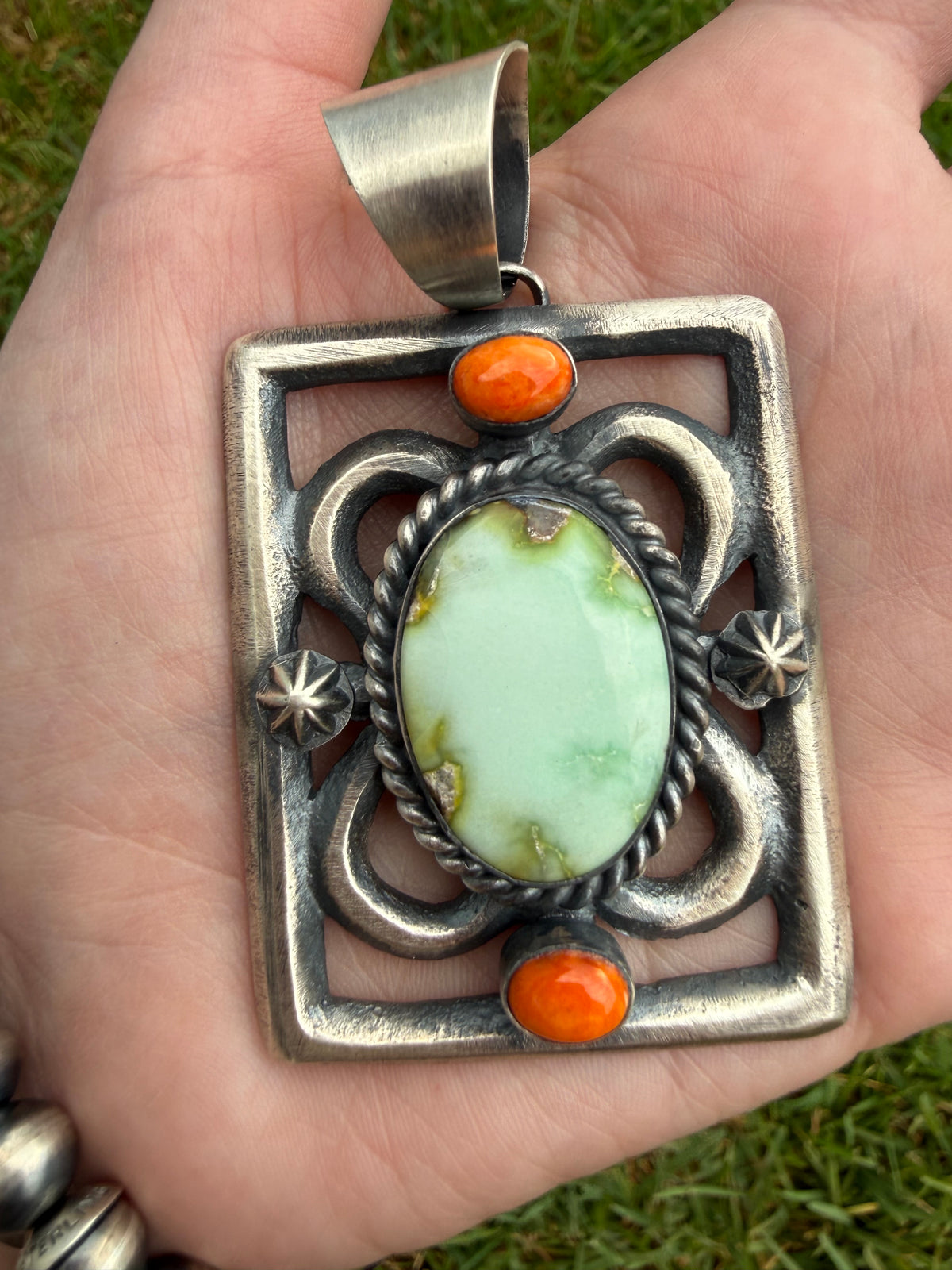 Navajo Palomino and Orange Spiny Statement Square Sterling Silver Pendant