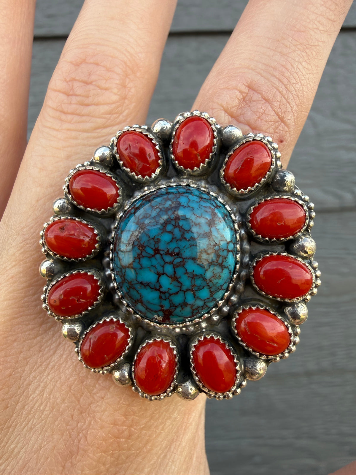 Navajo Webbed Kingman Turquoise and Coral Full Flower Adjustable Sterling Silver Ring