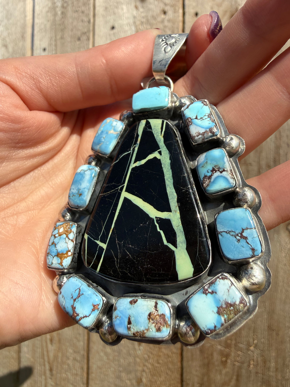 Navajo Blackjack and Golden Hills Big Cluster Sterling Silver Pendant