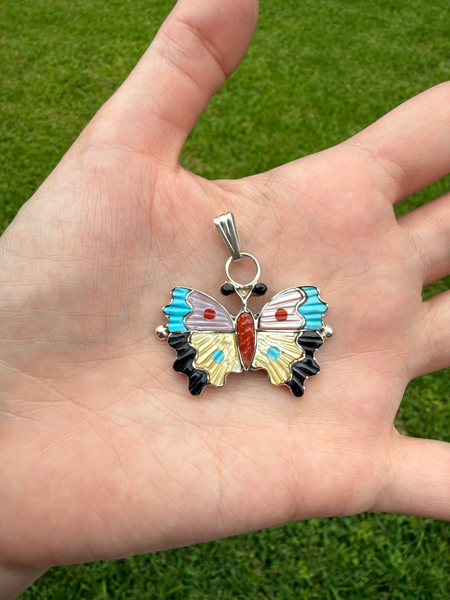 Zuni Butterfly Multi Stone Inlay Sterling Silver Pendant