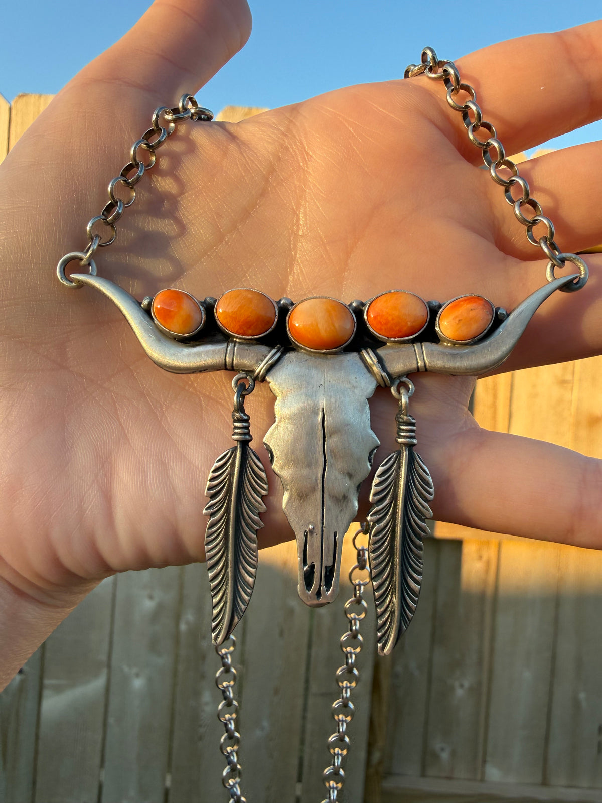 Navajo Orange Spiny Longhorn Feather Bar Sterling Silver Necklace