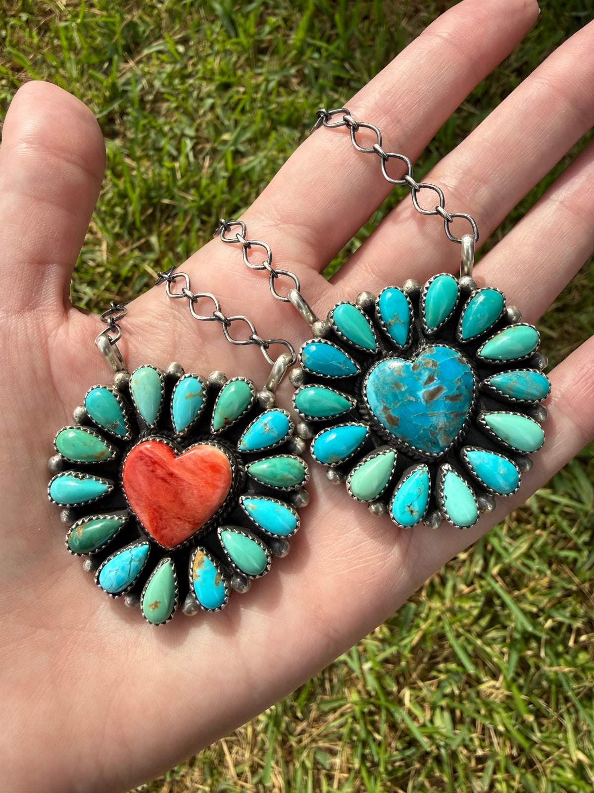 Navajo Turquoise Heart Full Flower Sterling Silver Necklace