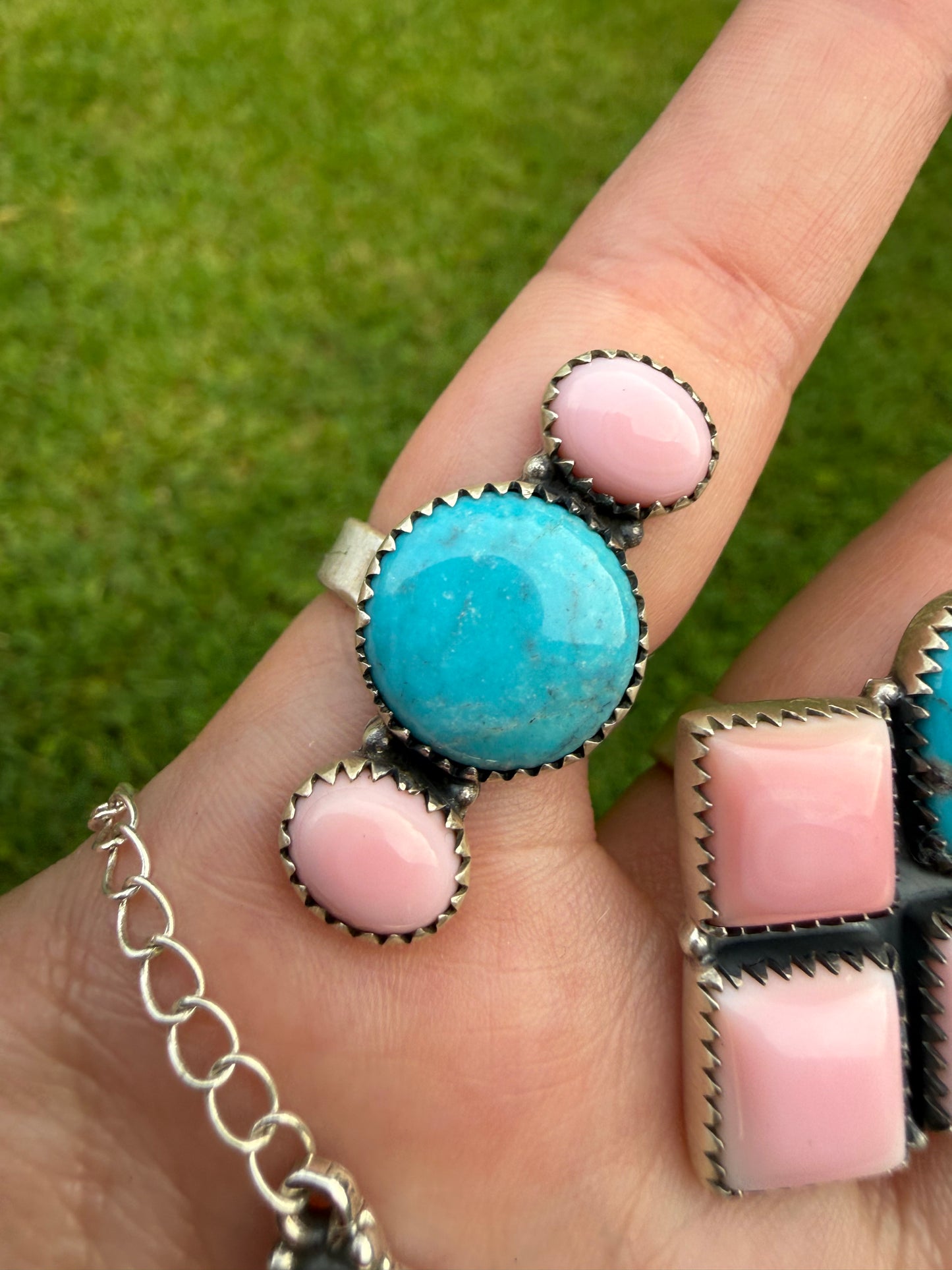 Pink Conch And Kingman Turquoise Necklace or Adjustable Ring