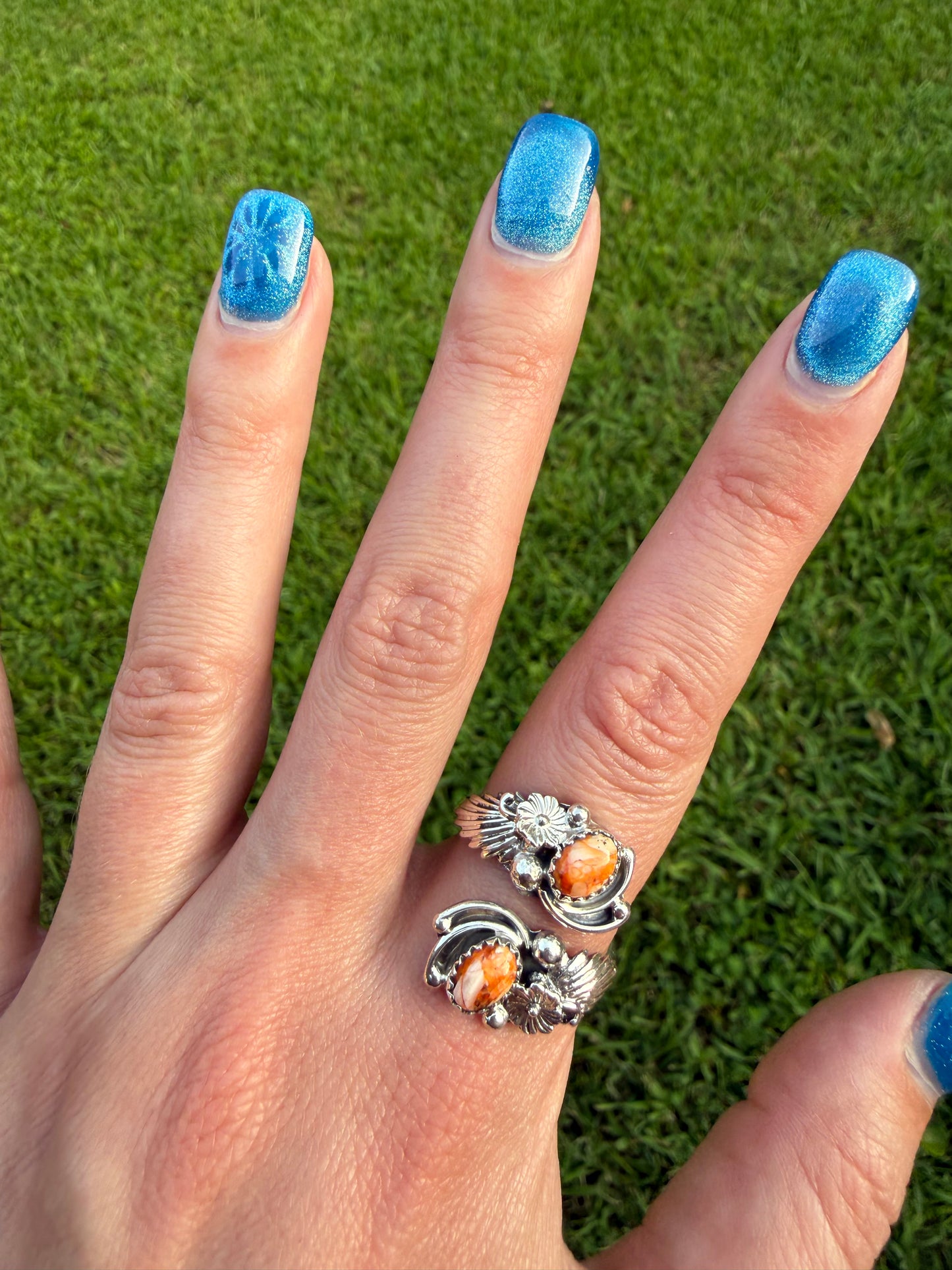 Navajo Orange Spiny Double Stone Sterling Silver Floater Ring