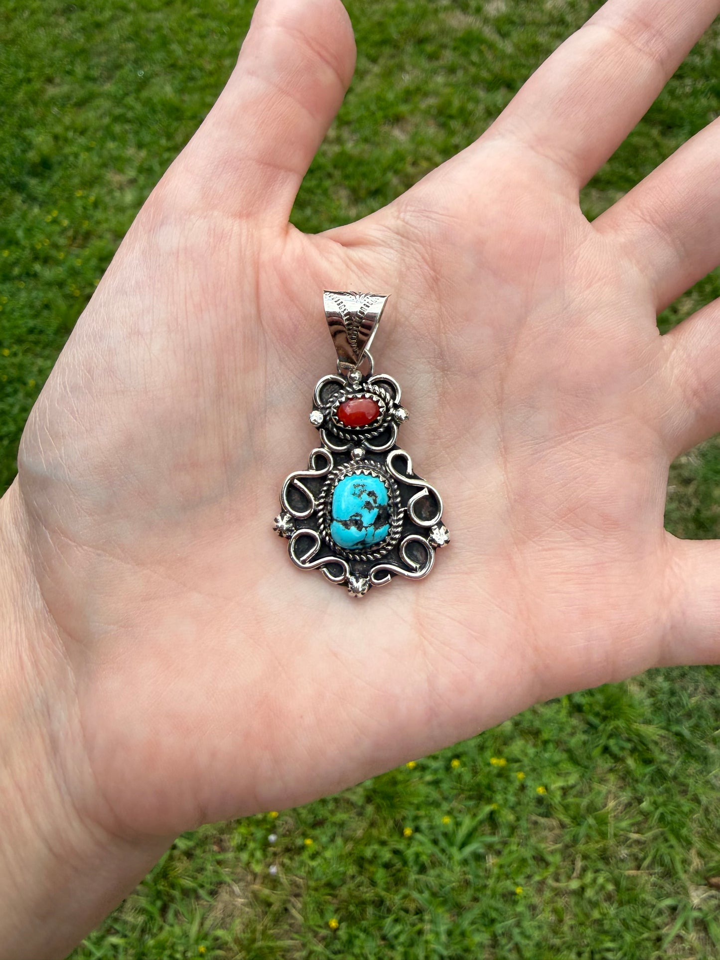 Navajo Coral And Turquoise Sterling Silver Pendant