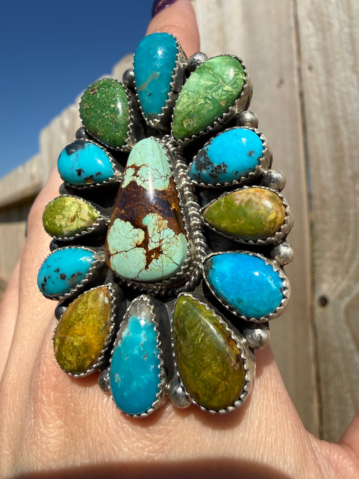 Navajo Big Multi Turquoise Full Flower Cluster Sterling Silver Adjustable Ring