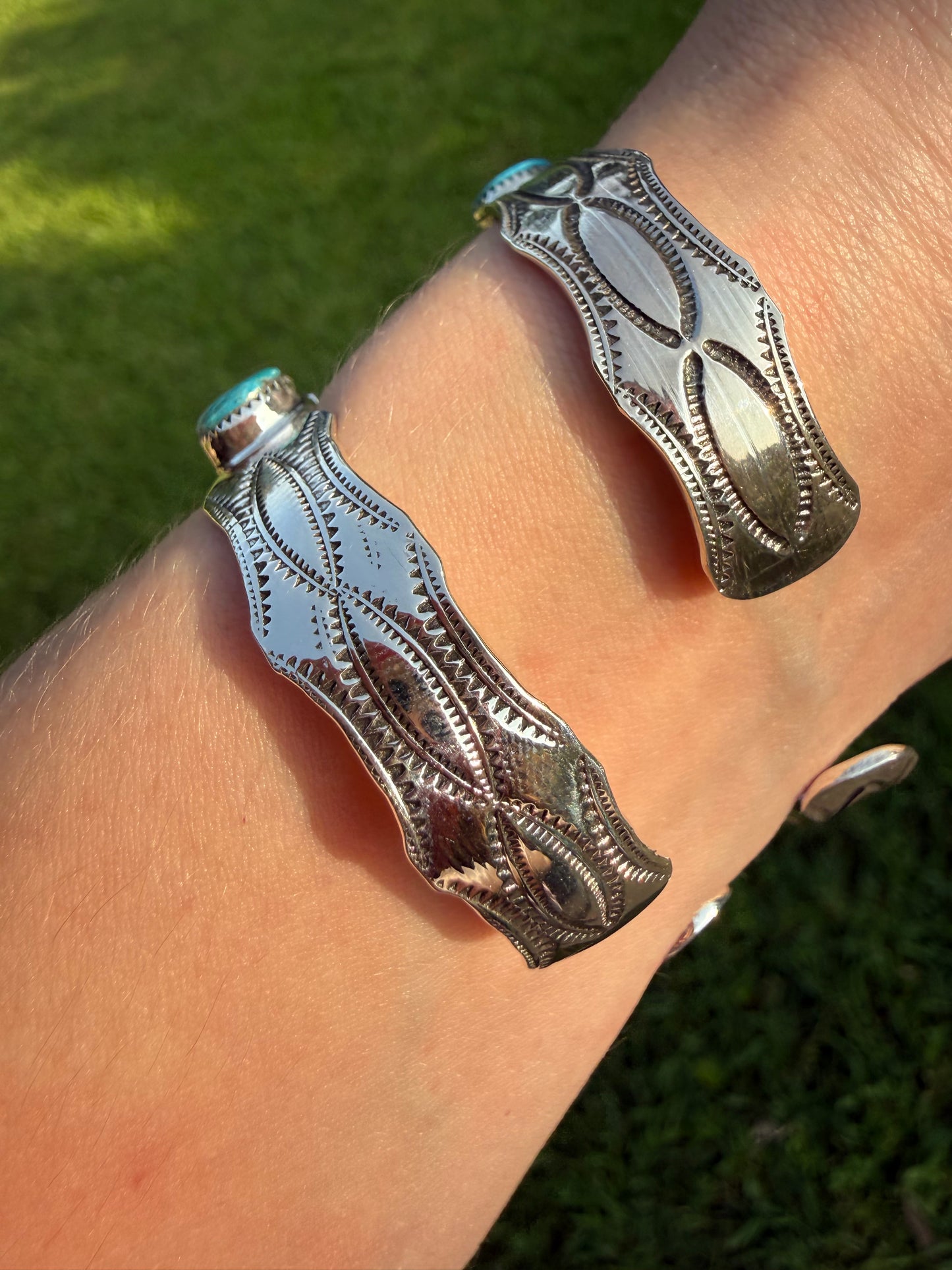 Navajo Turquoise 7 Stone Bar Sterling Silver Cuff Bracelet