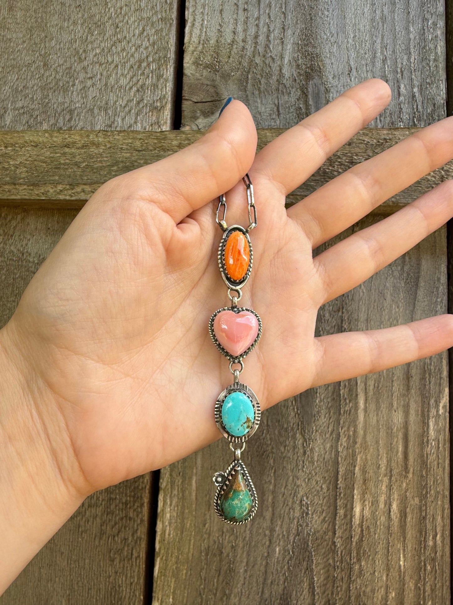 Multi Stone Orange spiny, pink Conch, Turquoise Sterling Silver Lariat