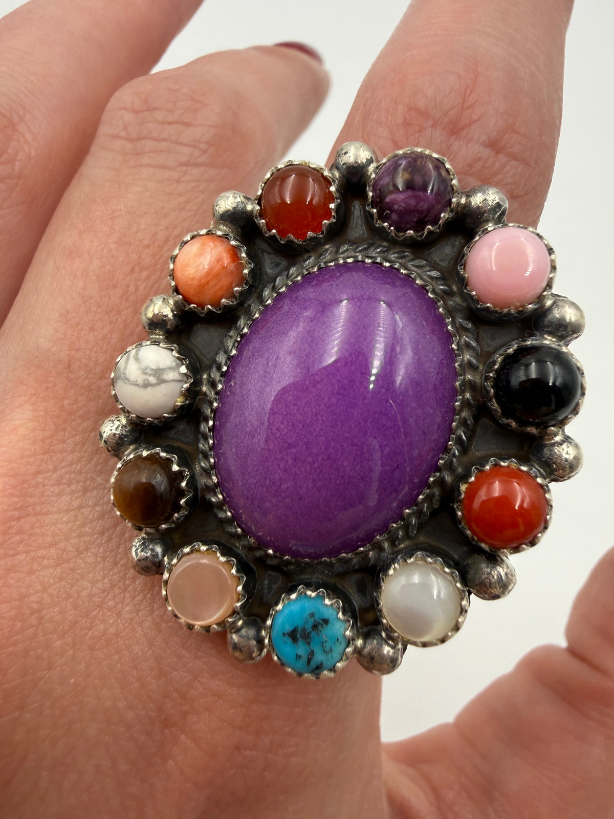 Navajo Multi Stone Full Flower Cluster Sterling Silver Ring - Size 8