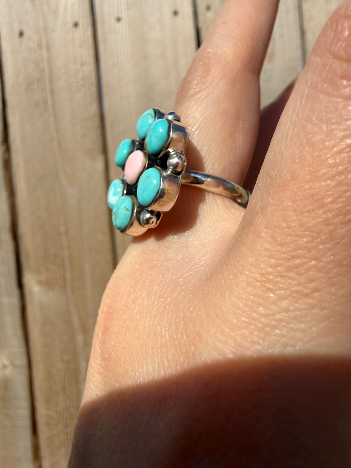 Navajo Turquoise and Pink Conch Full Flower Sterling Silver Ring - Size 6