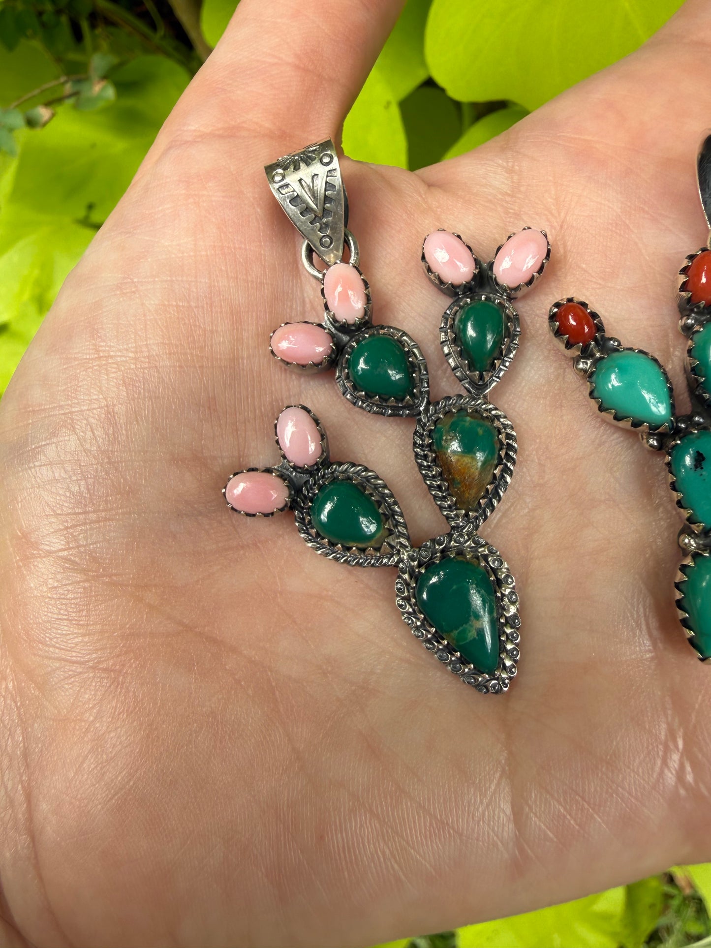 Kingman Turquoise and Pink Conch or Coral Cactus Cluster Sterling Silver Pendant