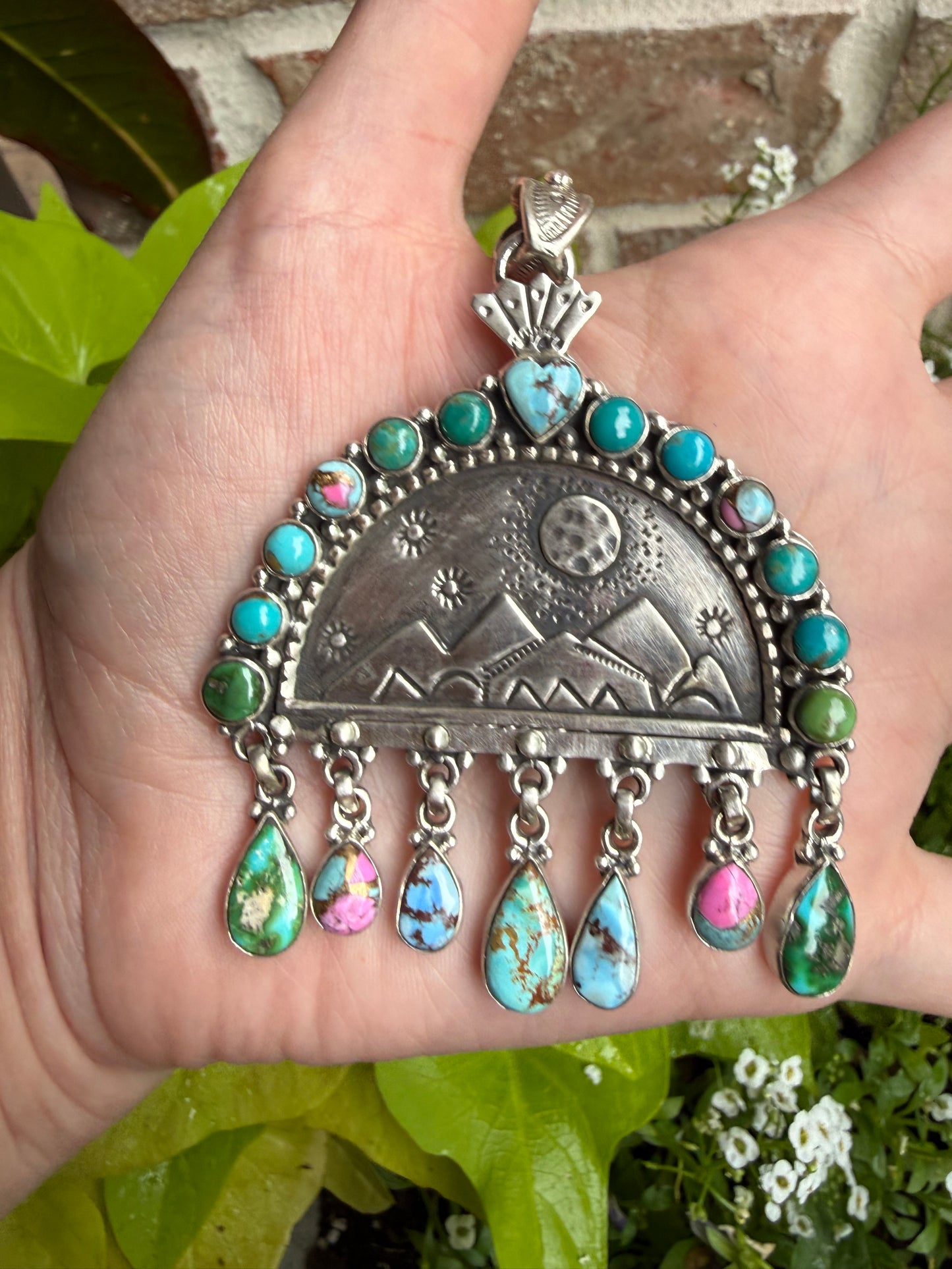 Mixed Turquoise Storyteller Landscape Moon and Mountain Scene Sterling Silver Statement Pendant