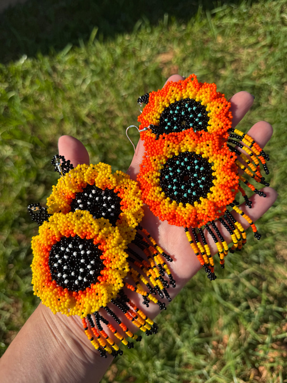 Native Beadwork Big Sunflower Sterling Silver Hook Statement Earrings