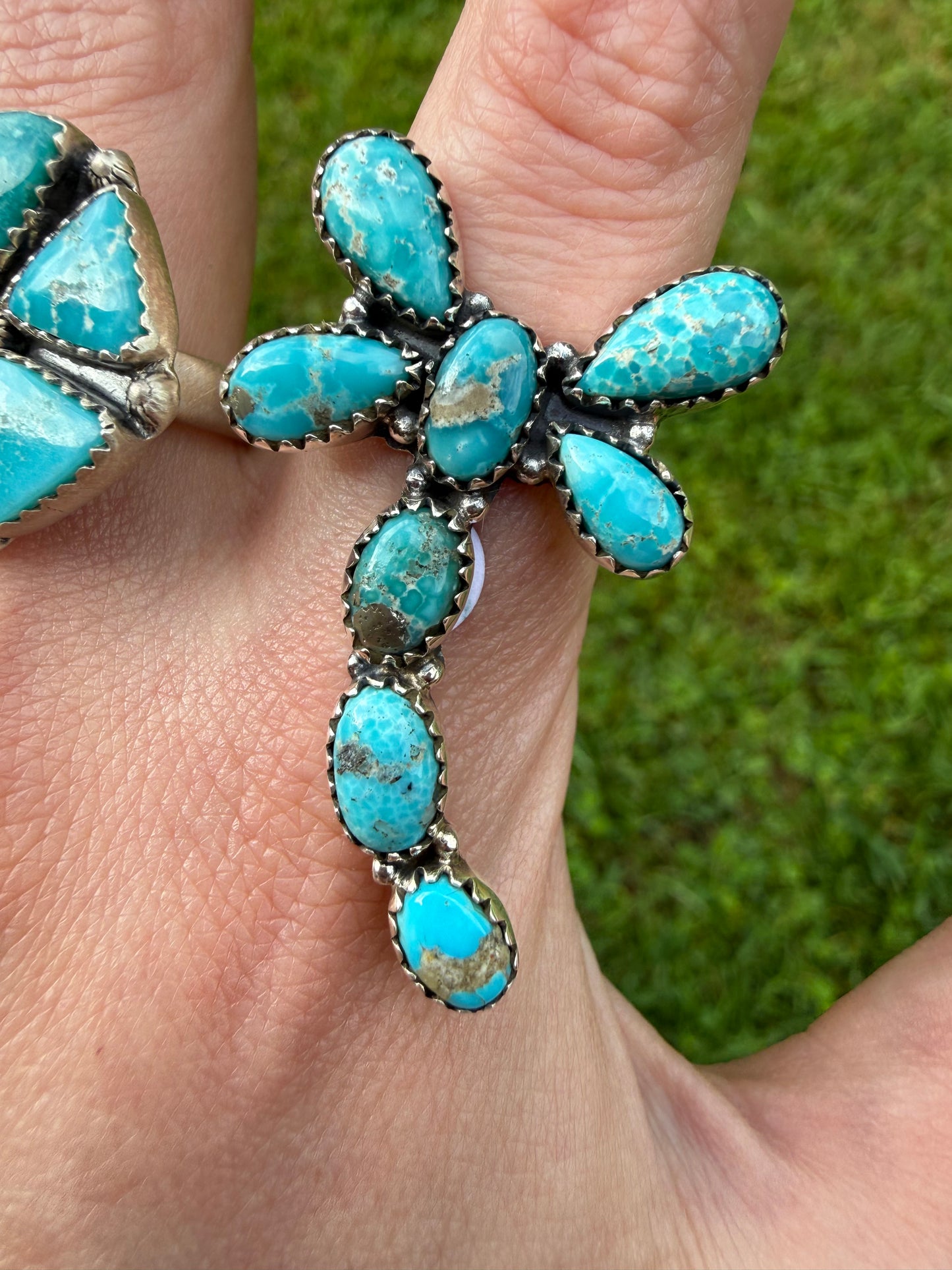 Whitewater Turquoise Cluster Sterling Silver Adjustable Ring