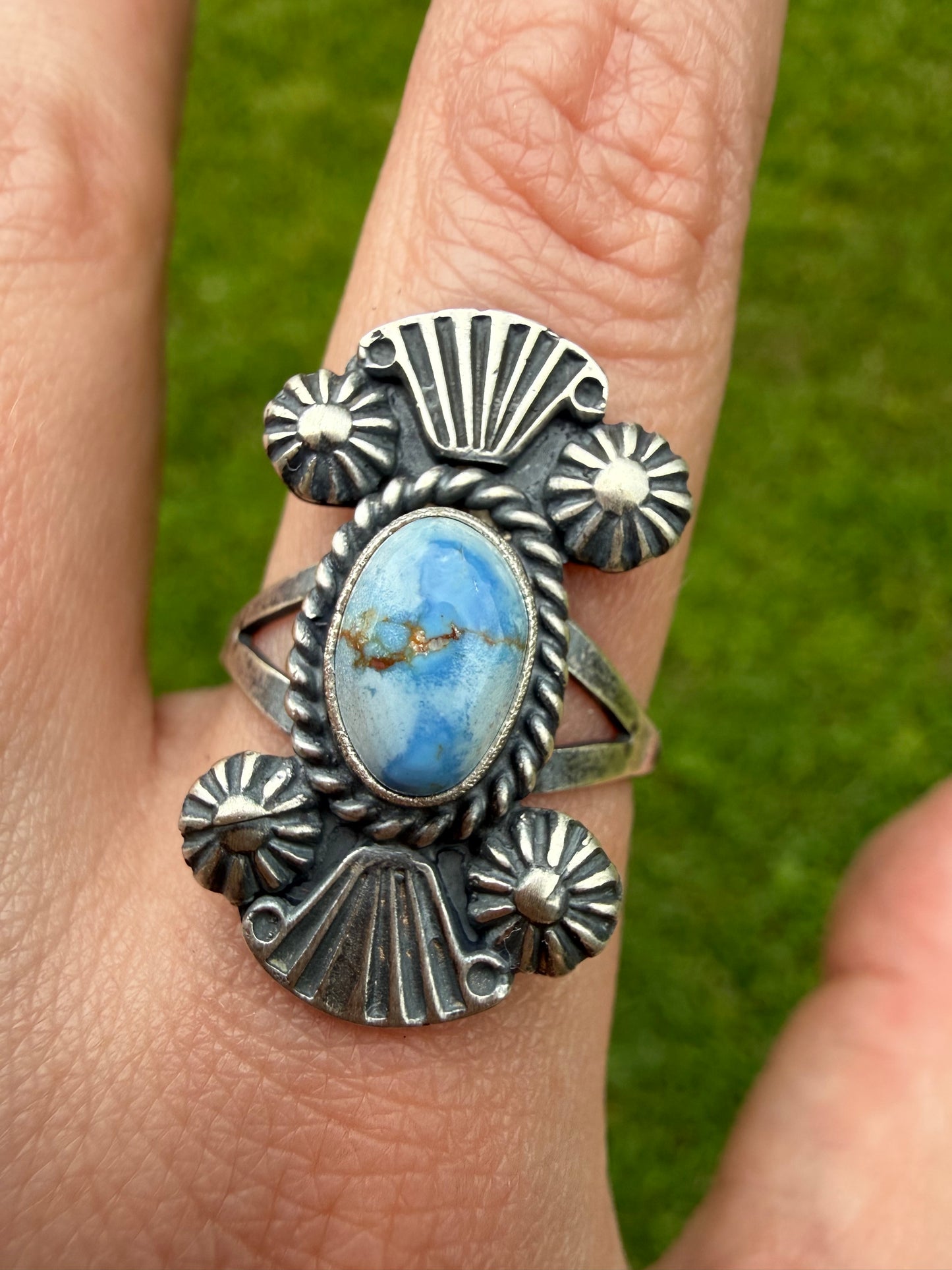 Navajo Golden Hills Turquoise Bow Tie Sterling Silver Ring Size 9