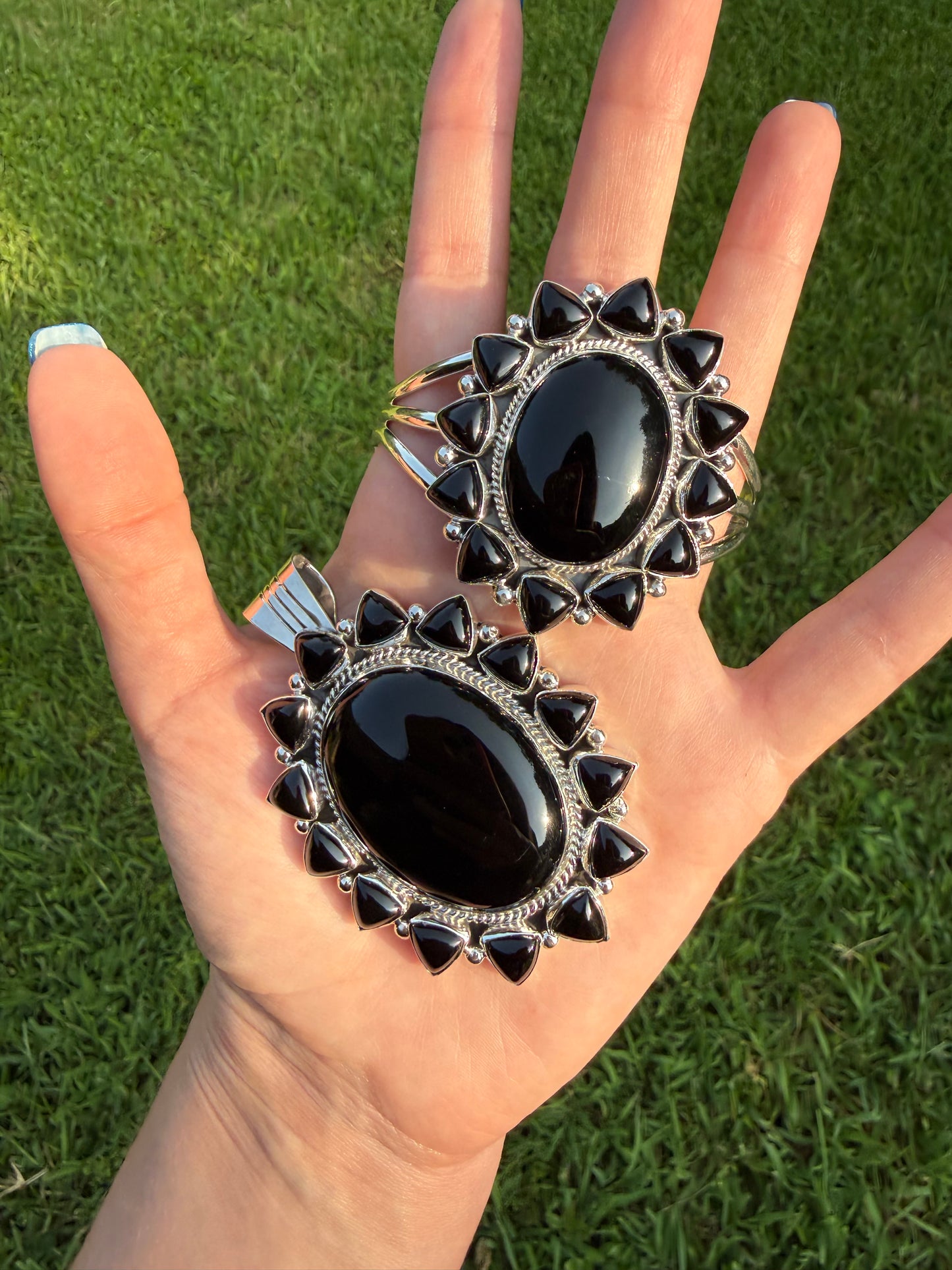 Navajo Black Onyx Statement Cluster Pendant or Cuff Bracelet