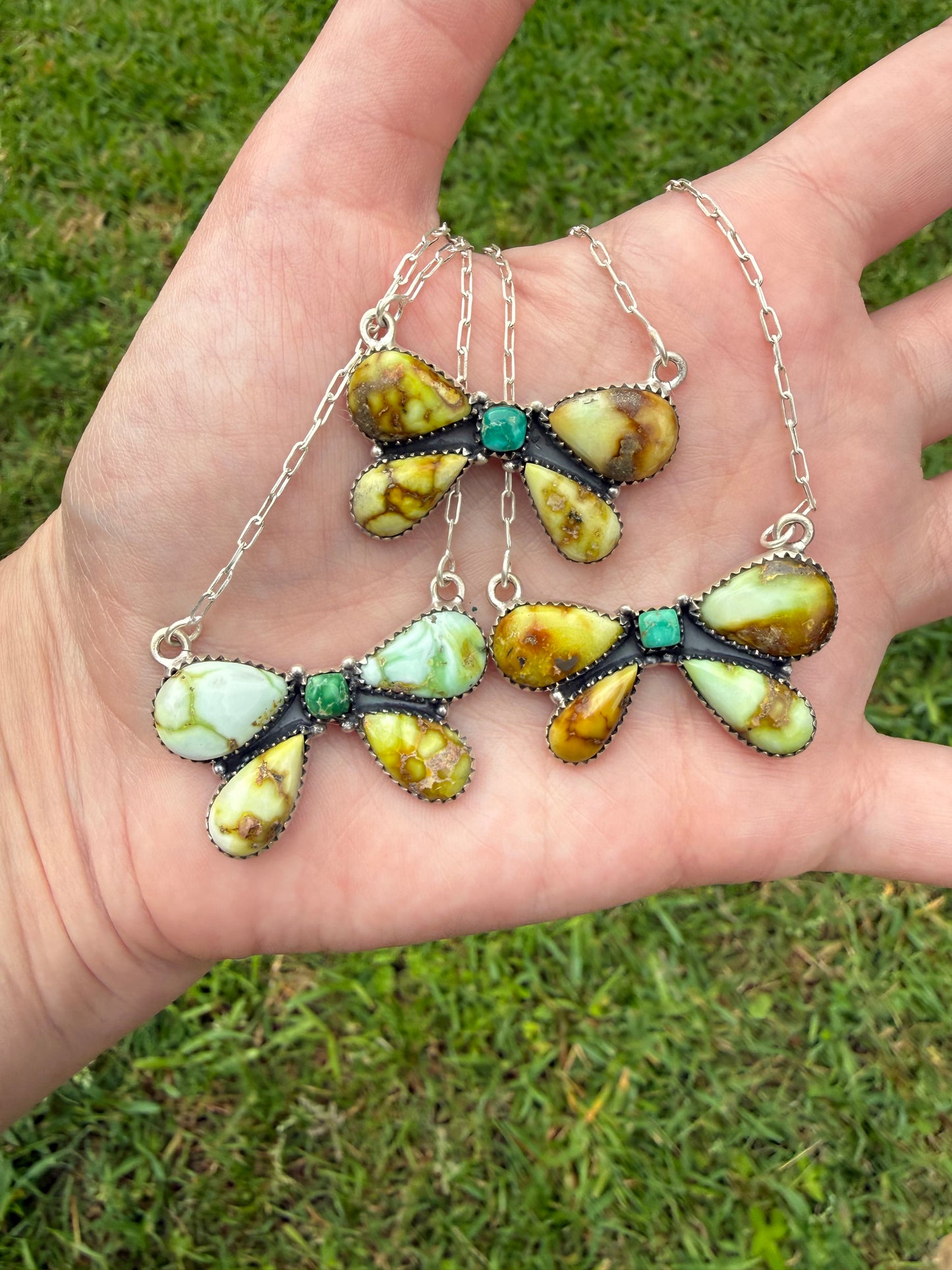 Palomino and Emerald Valley Turquoise Bow Sterling Silver Necklace