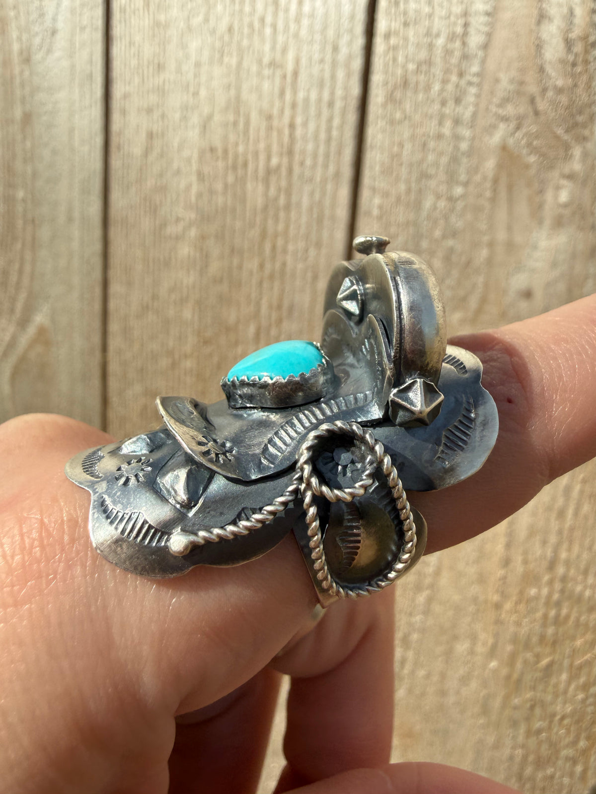 Navajo Turquoise Heart Saddle Sterling Silver Adjustable Ring by Tim Yazzie