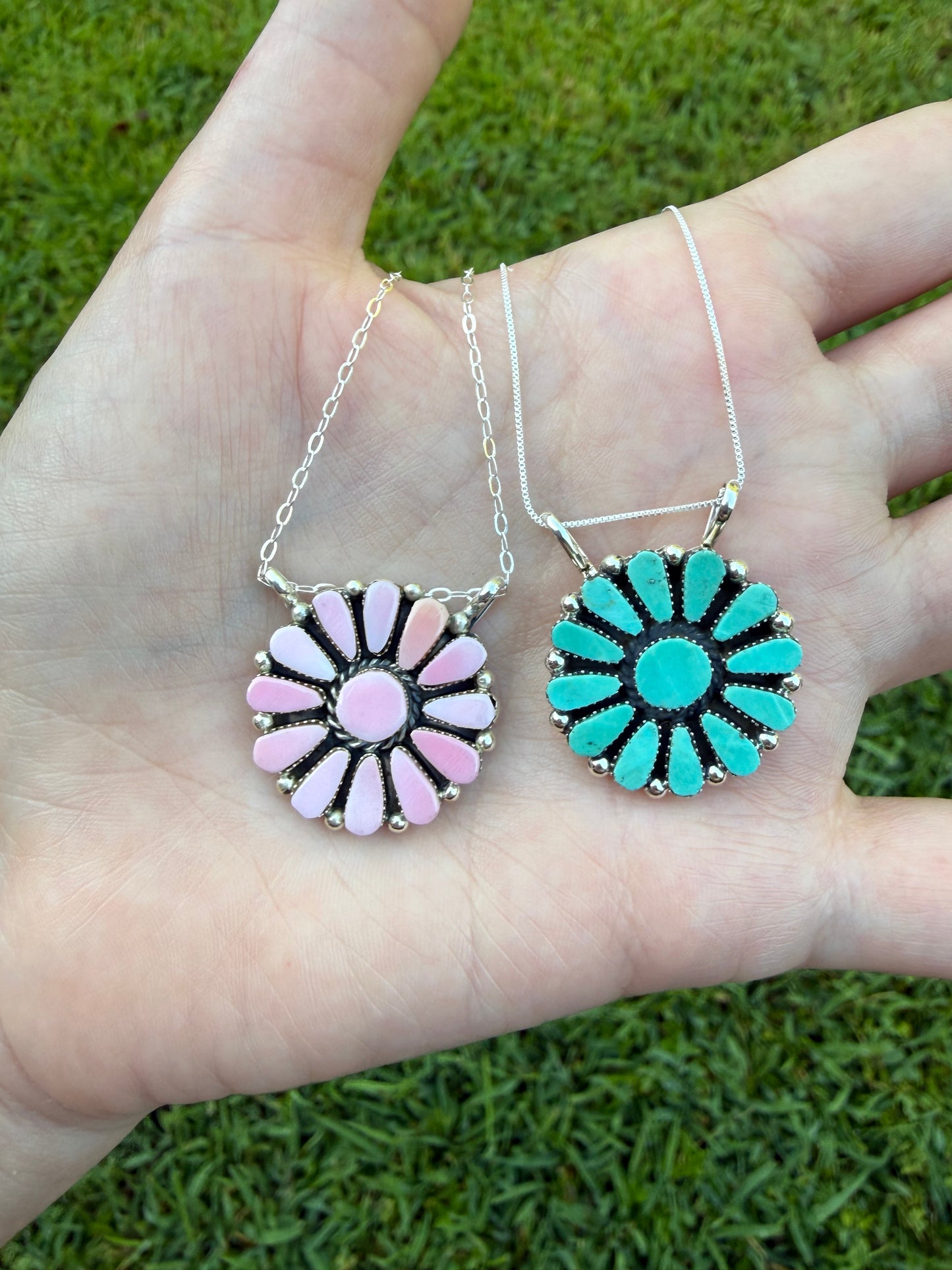 Navajo Turquoise or Pink Conch Full Flower Sterling Silver Necklace
