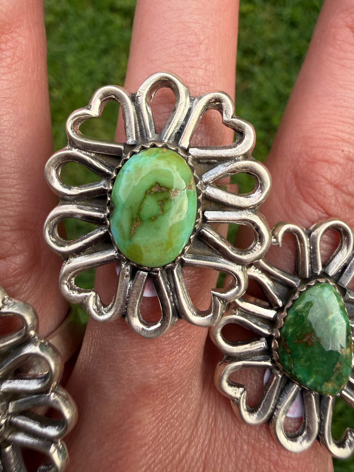 Sonoran Gold Turquoise Heart Daisy Flower Sterling Silver Adjustable Ring