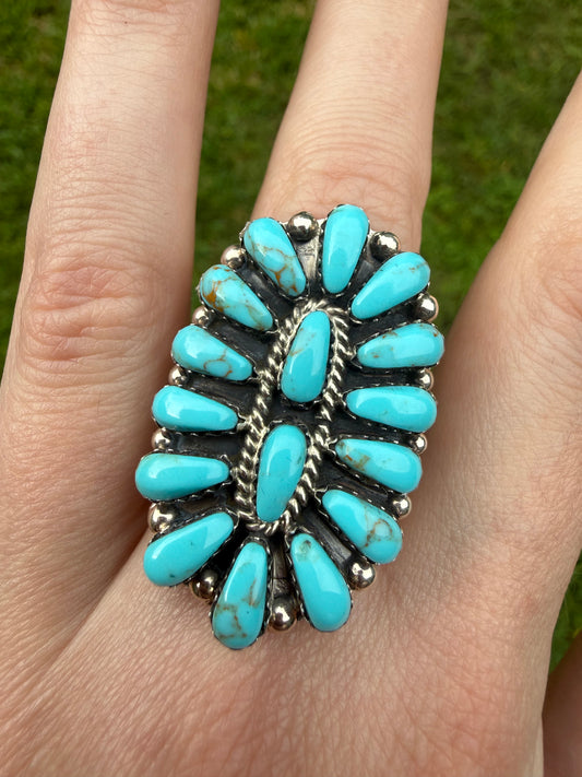 Native Turquoise Full Flower Cluster Sterling Silver Ring - Size 7