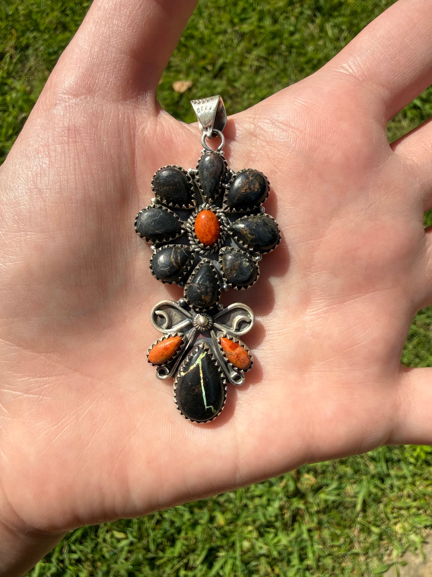 Blackjack Turquoise and Orange Mojave Full Flower Sterling Silver Statement Pendant