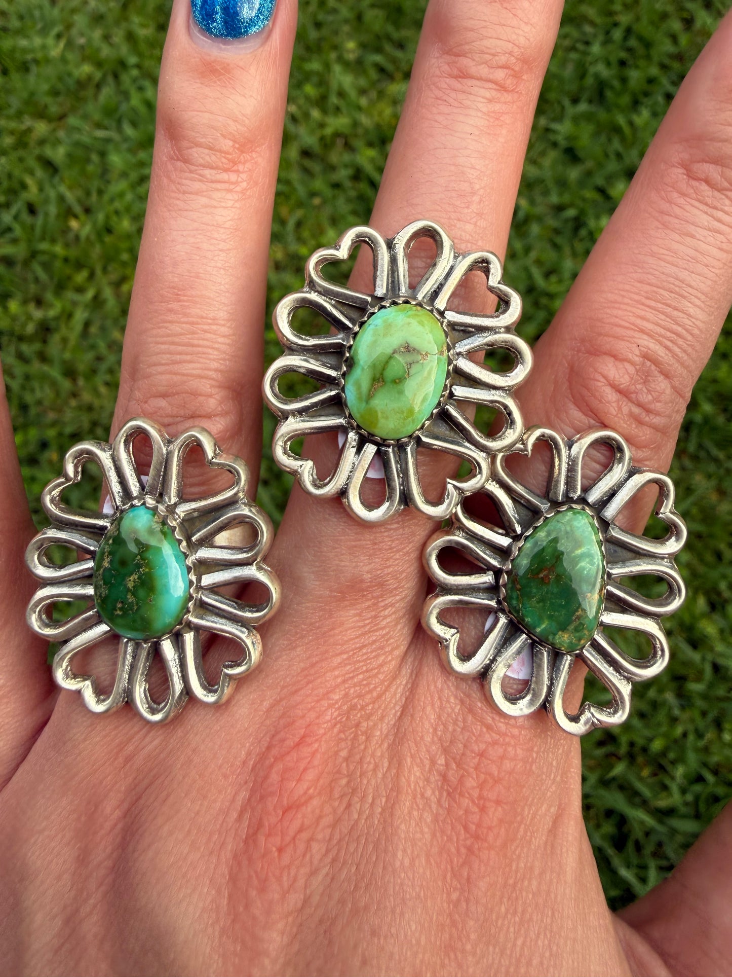 Sonoran Gold Turquoise Heart Daisy Flower Sterling Silver Adjustable Ring