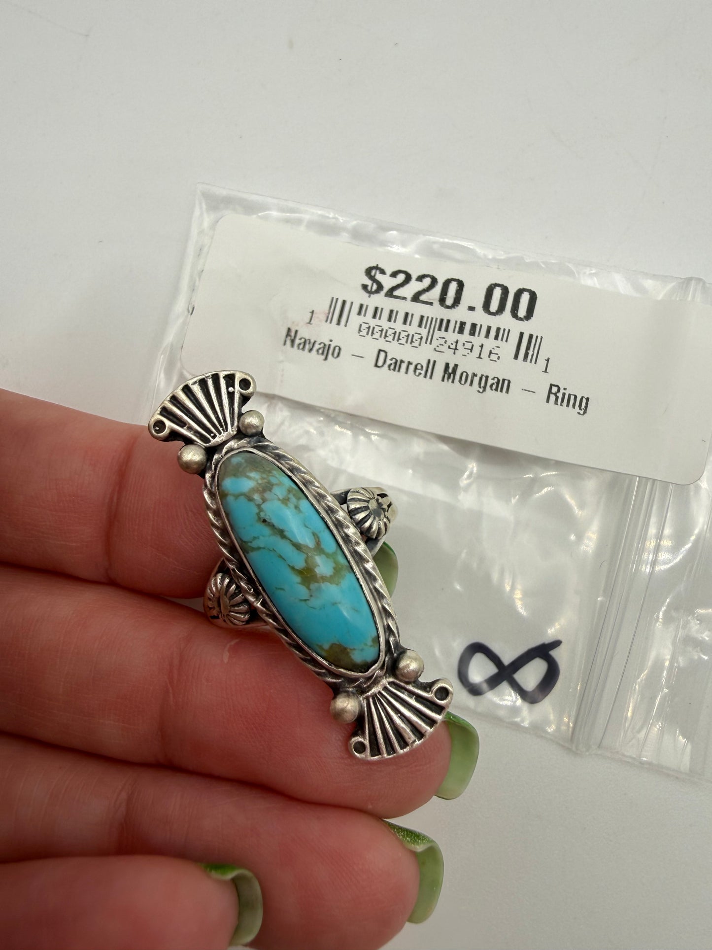 Native Turquoise Long Sterling Silver Ring Size 8 by