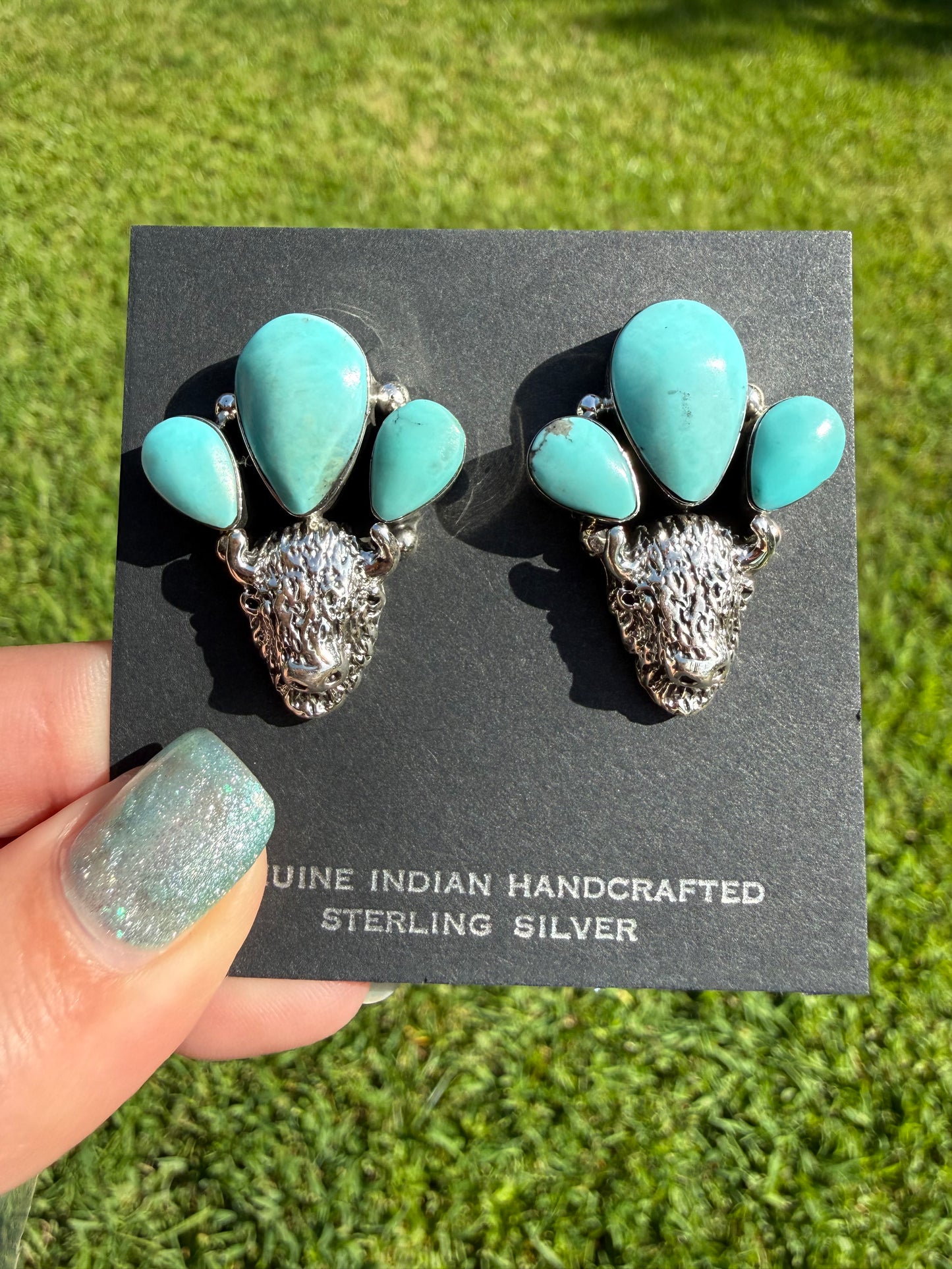 Navajo Buffalo Head Turquoise Cluster Sterling Silver Earrings