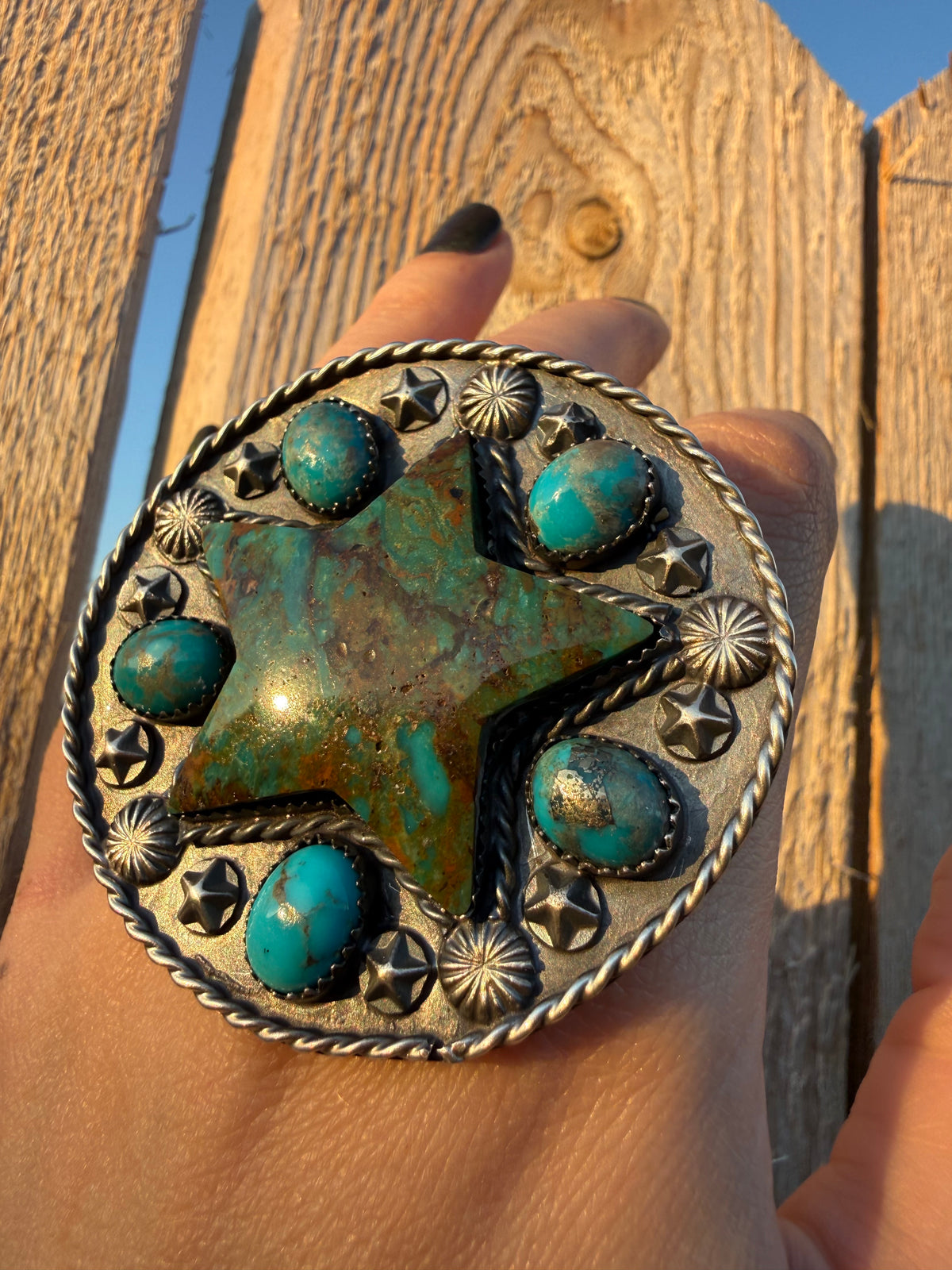 Navajo Turquoise Star Statment Cluster Sterling Silver Adjustable Ring