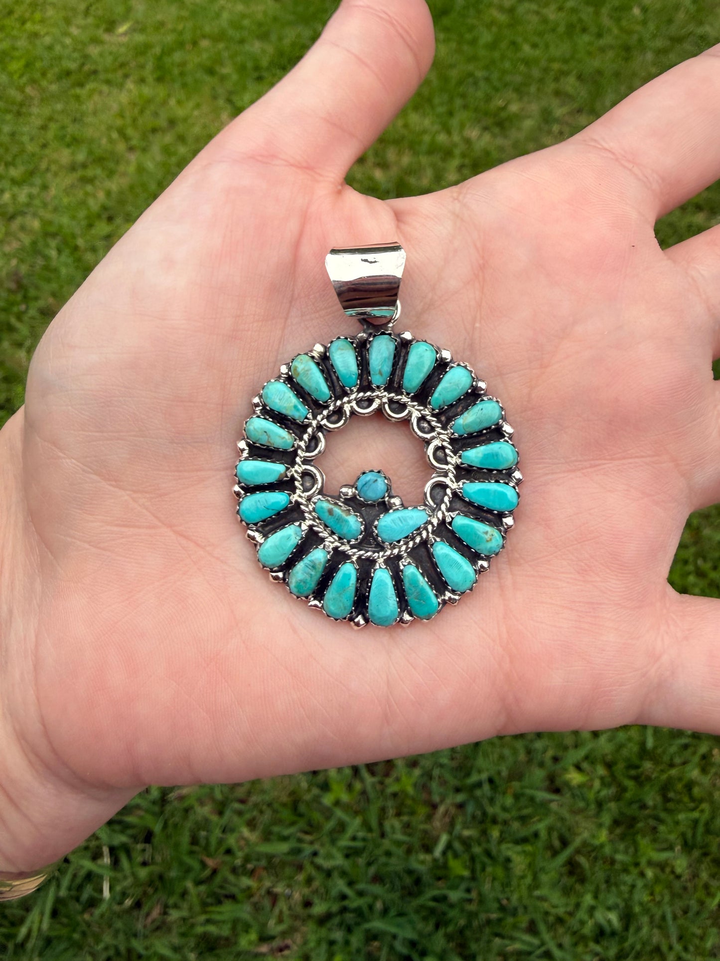 Navajo Native Turquoise Circle Cluster Sterling Silver Pendant