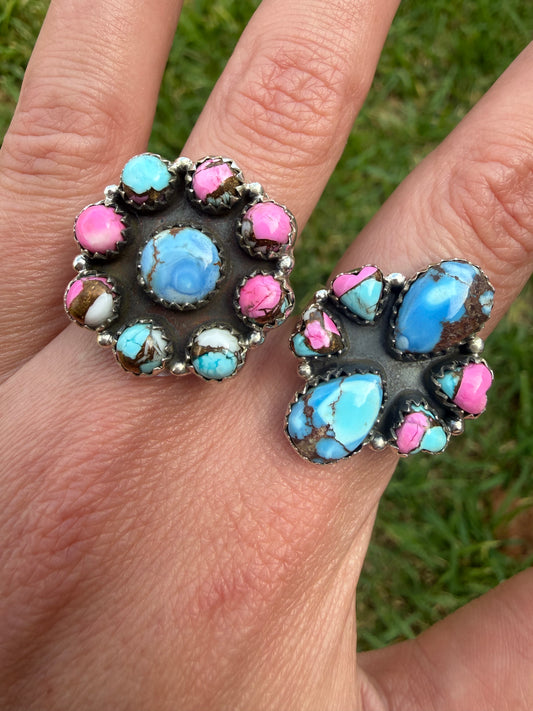 Golden Hills Turquoise and Cotton Candy Turquoise Sterling Silver Cluster Ring