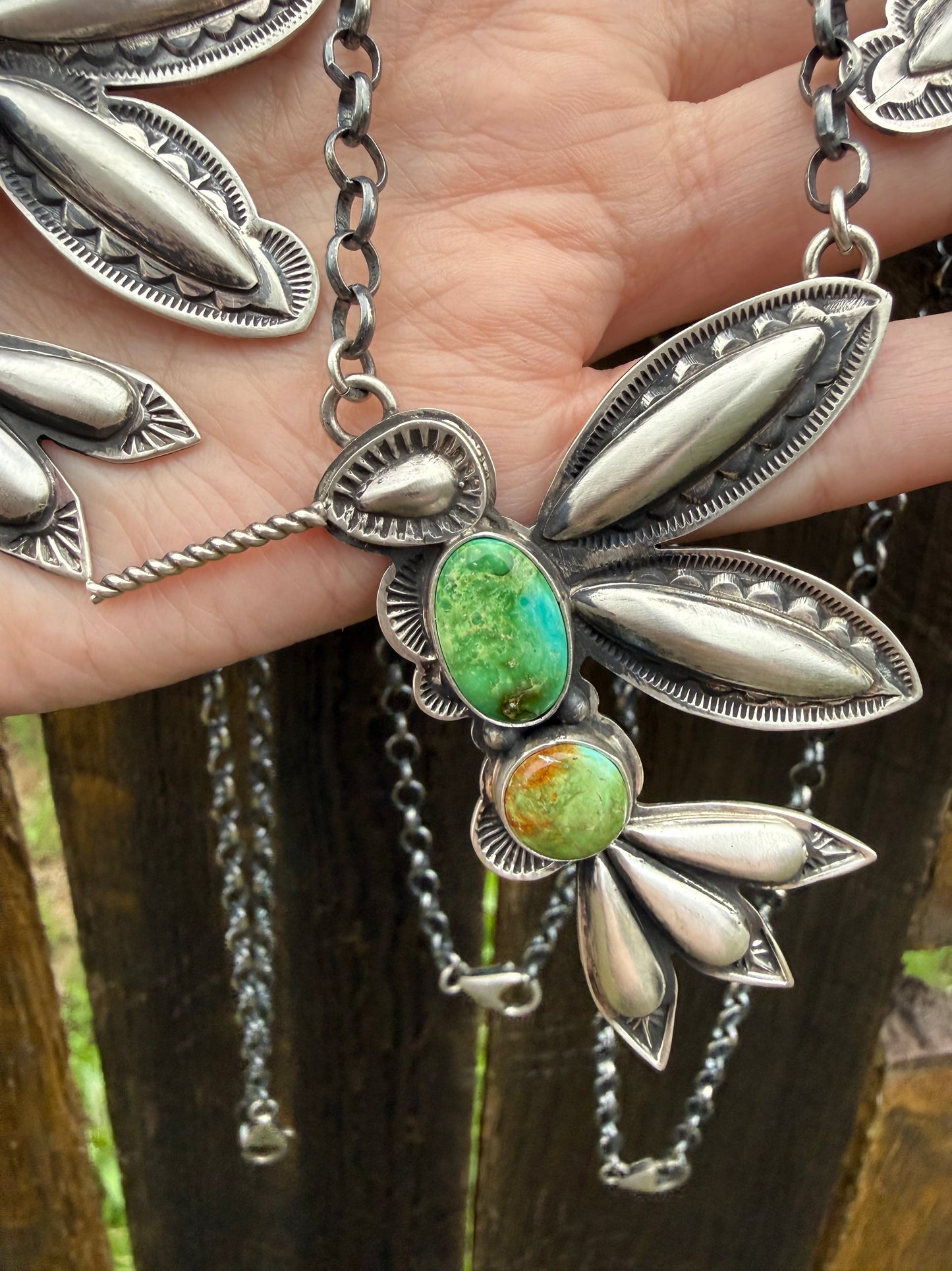 Navajo Turquoise Hummingbird Sterling Silver Necklace By Charles Johnson