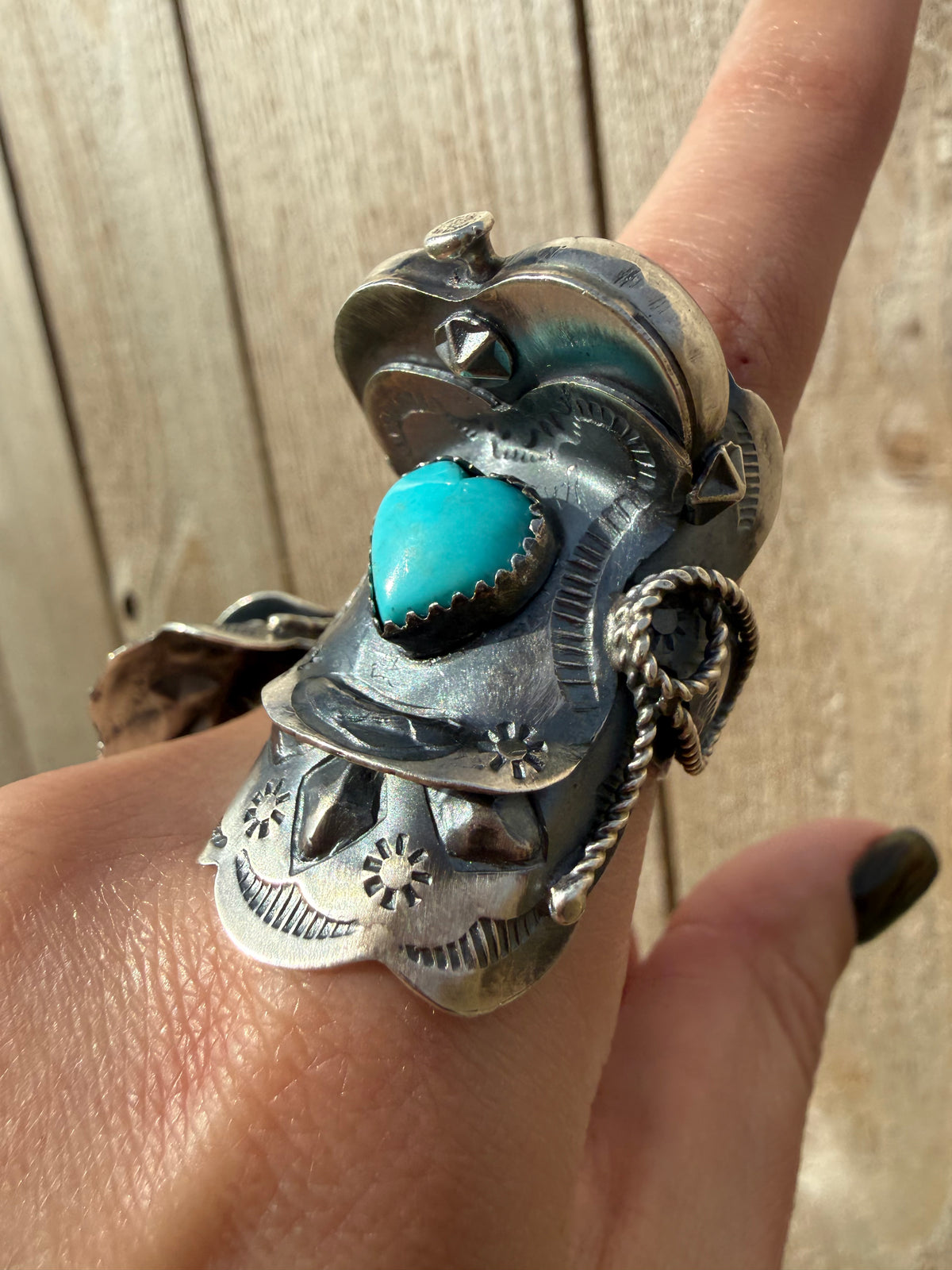 Navajo Turquoise Heart Saddle Sterling Silver Adjustable Ring by Tim Yazzie