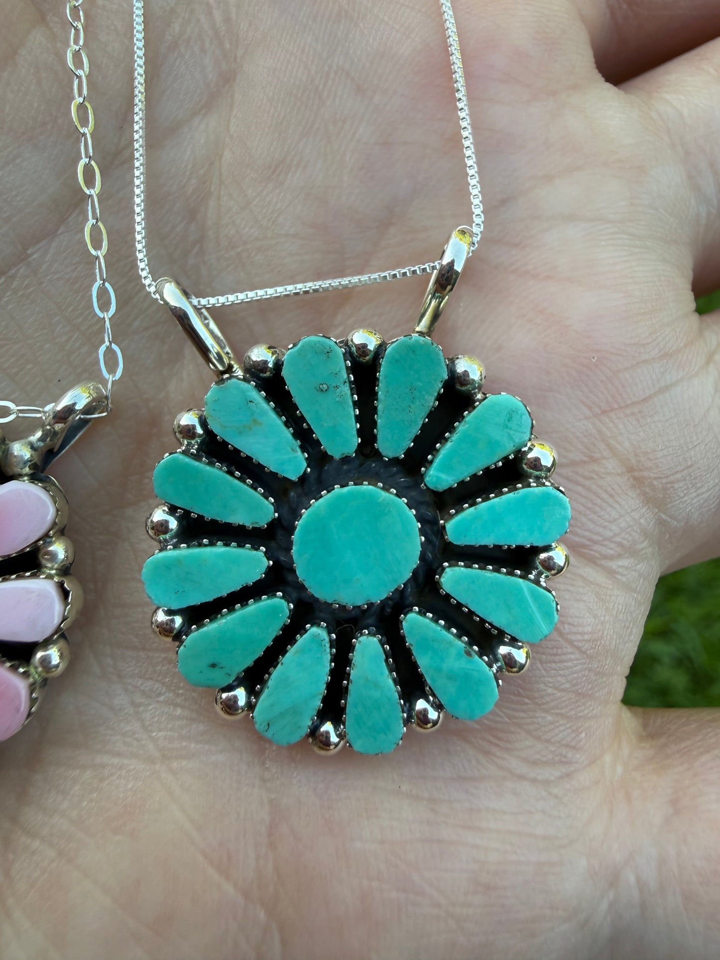 Navajo Turquoise or Pink Conch Full Flower Sterling Silver Necklace