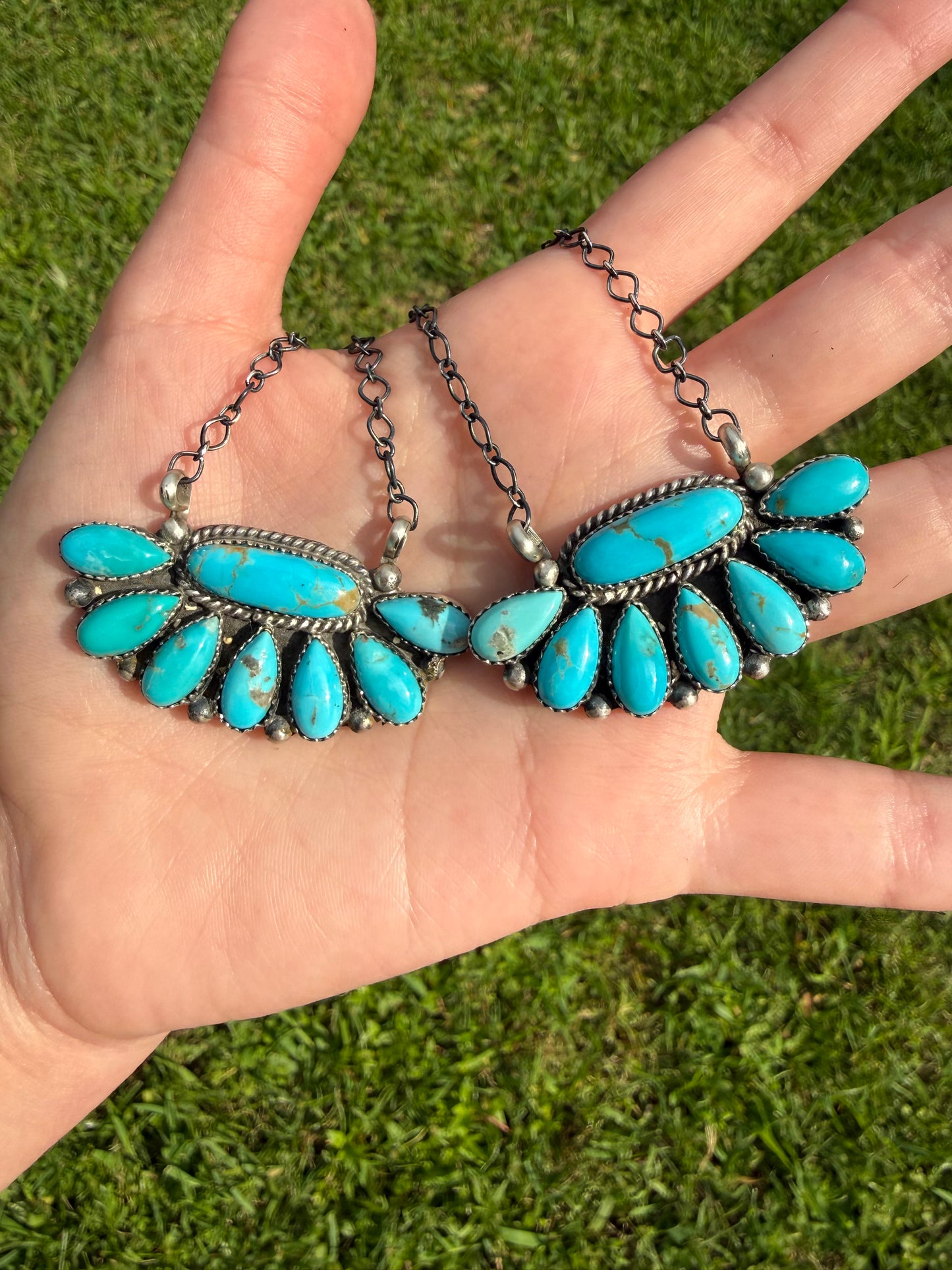 Native Turquoise Half Cluster Flower Sterling Silver Necklace