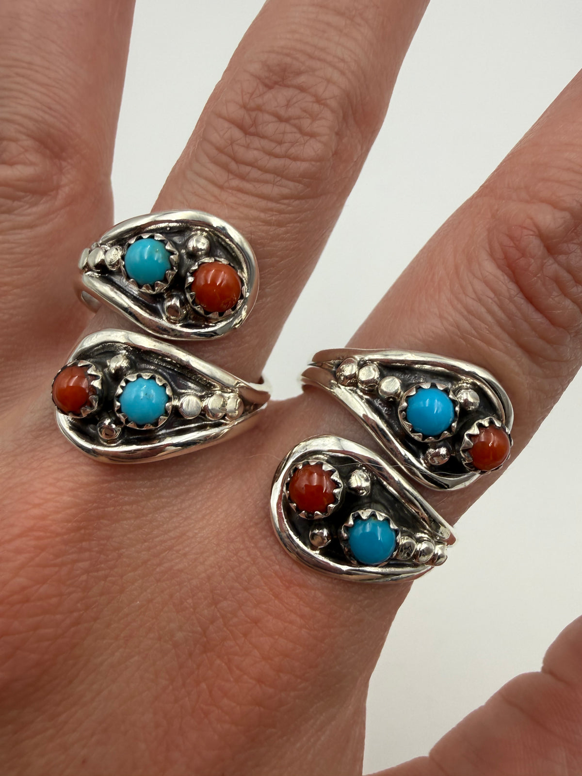 Navajo Turquoise and Coral Sterling Silver Floater Adjustable Sterling Ring