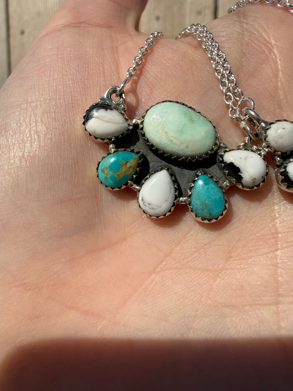White Buffalo and Turquoise Multi Stone Sterling Silver Necklace