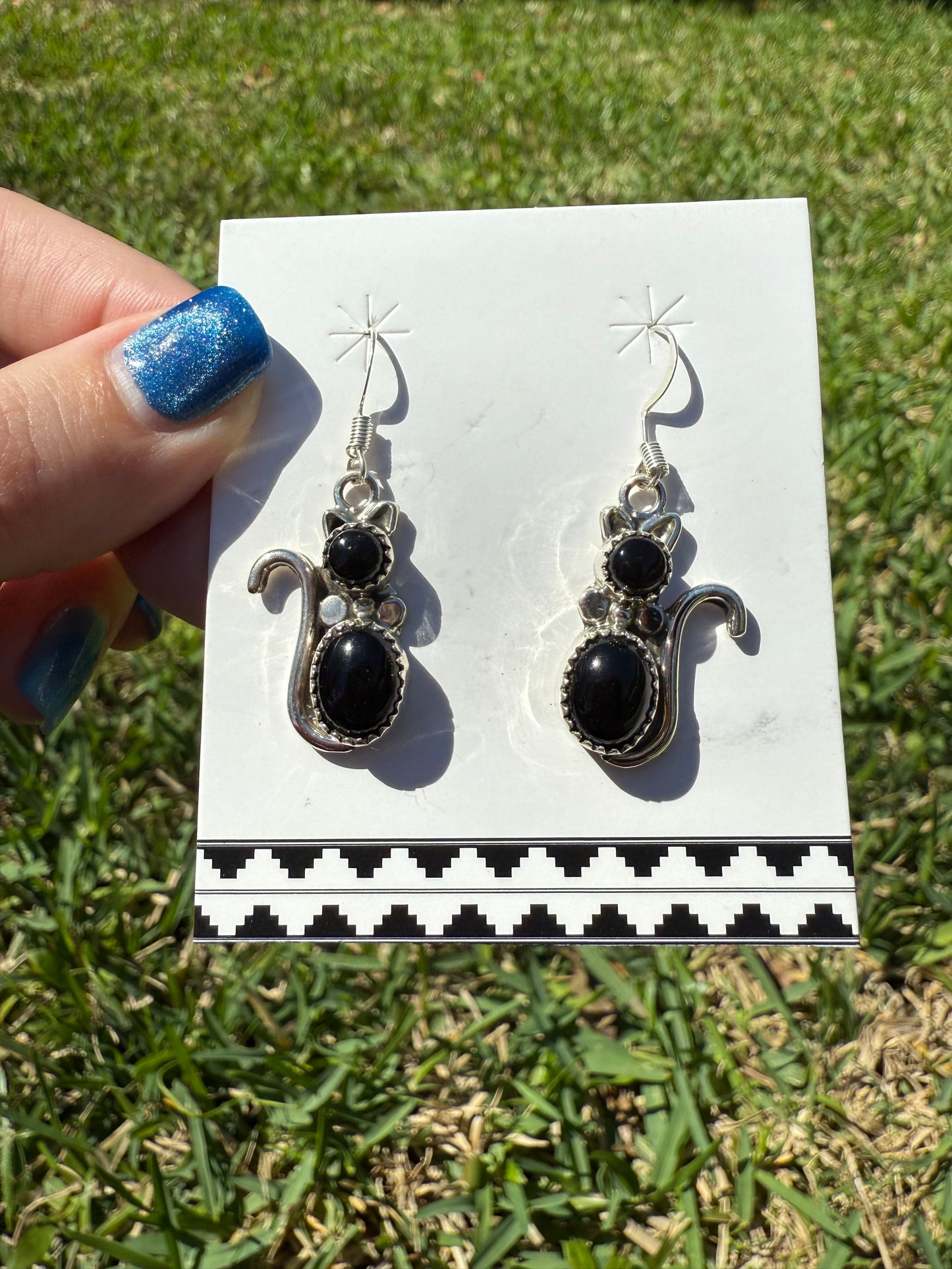Navajo Black Onyx Cat Sterling Silver Dangle Earrings