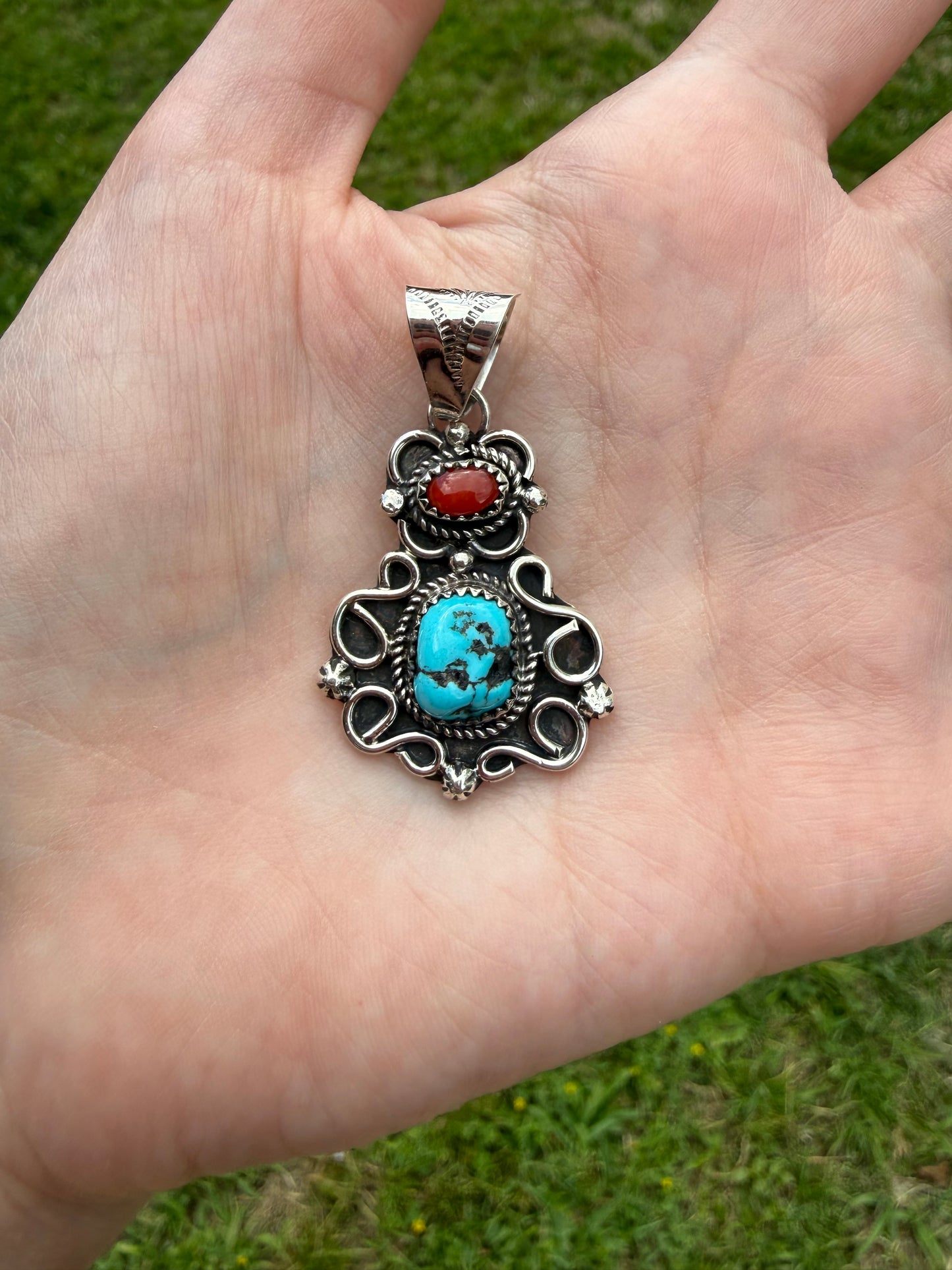 Navajo Coral And Turquoise Sterling Silver Pendant