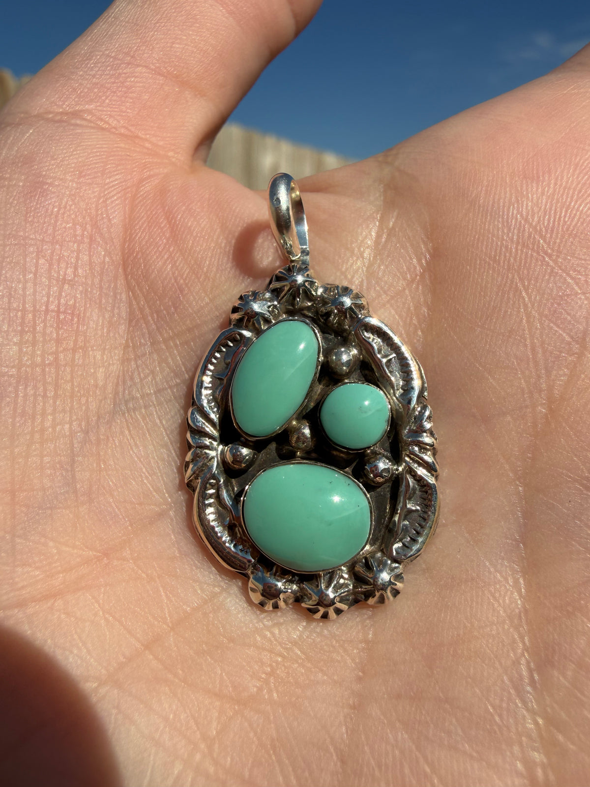 Navajo Turquoise Triple Stone Cluster Sterling Silver Pendant